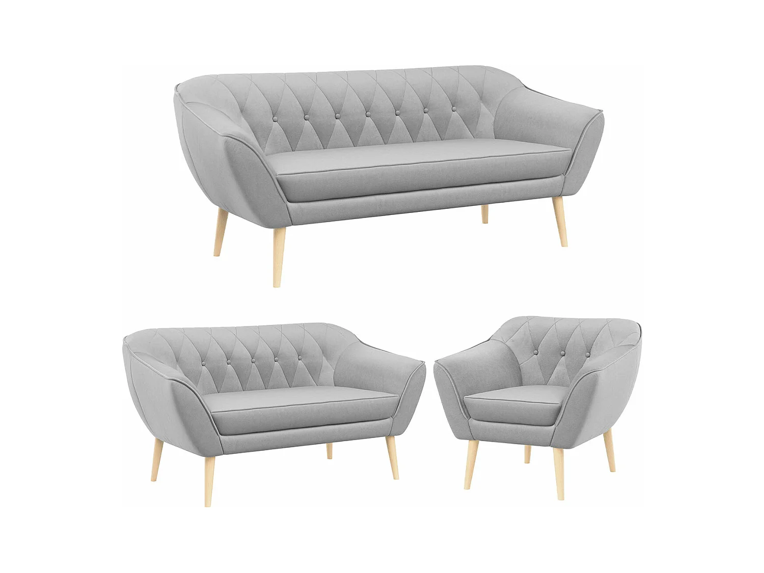 Couchgarnitur PIRS - 3+2+1, mit Armlehnen, Holzbeine, Skandinavischer Design - Hellgrau Velvet