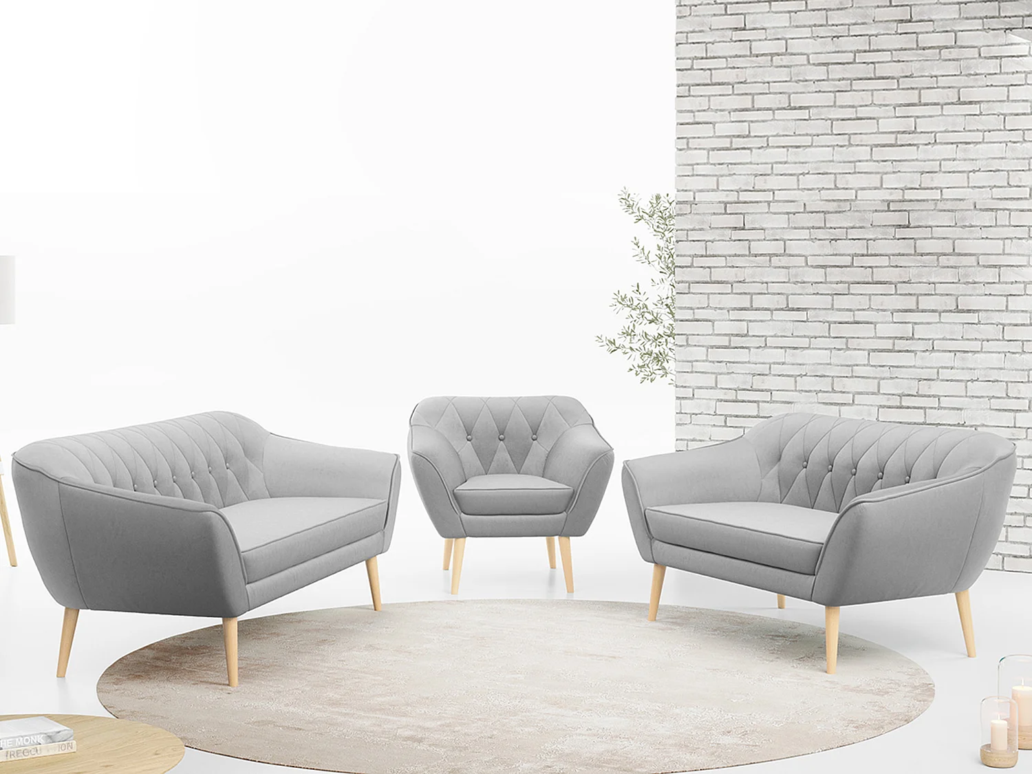 Couchgarnitur PIRS - 3+2+1, mit Armlehnen, Holzbeine, Skandinavischer Design - Hellgrau Velvet