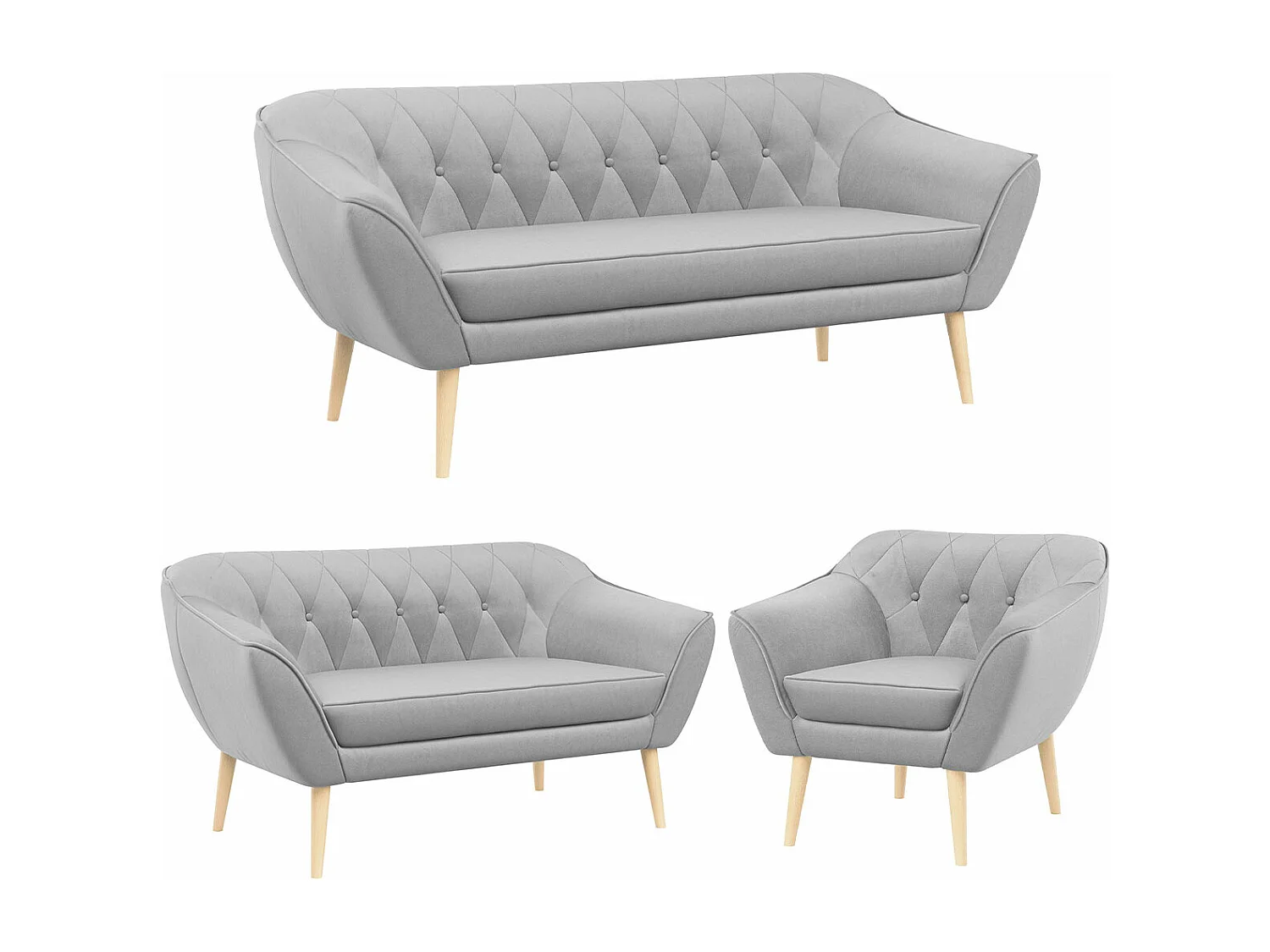 Couchgarnitur PIRS - 3+2+1, mit Armlehnen, Holzbeine, Skandinavischer Design - Hellgrau Velvet