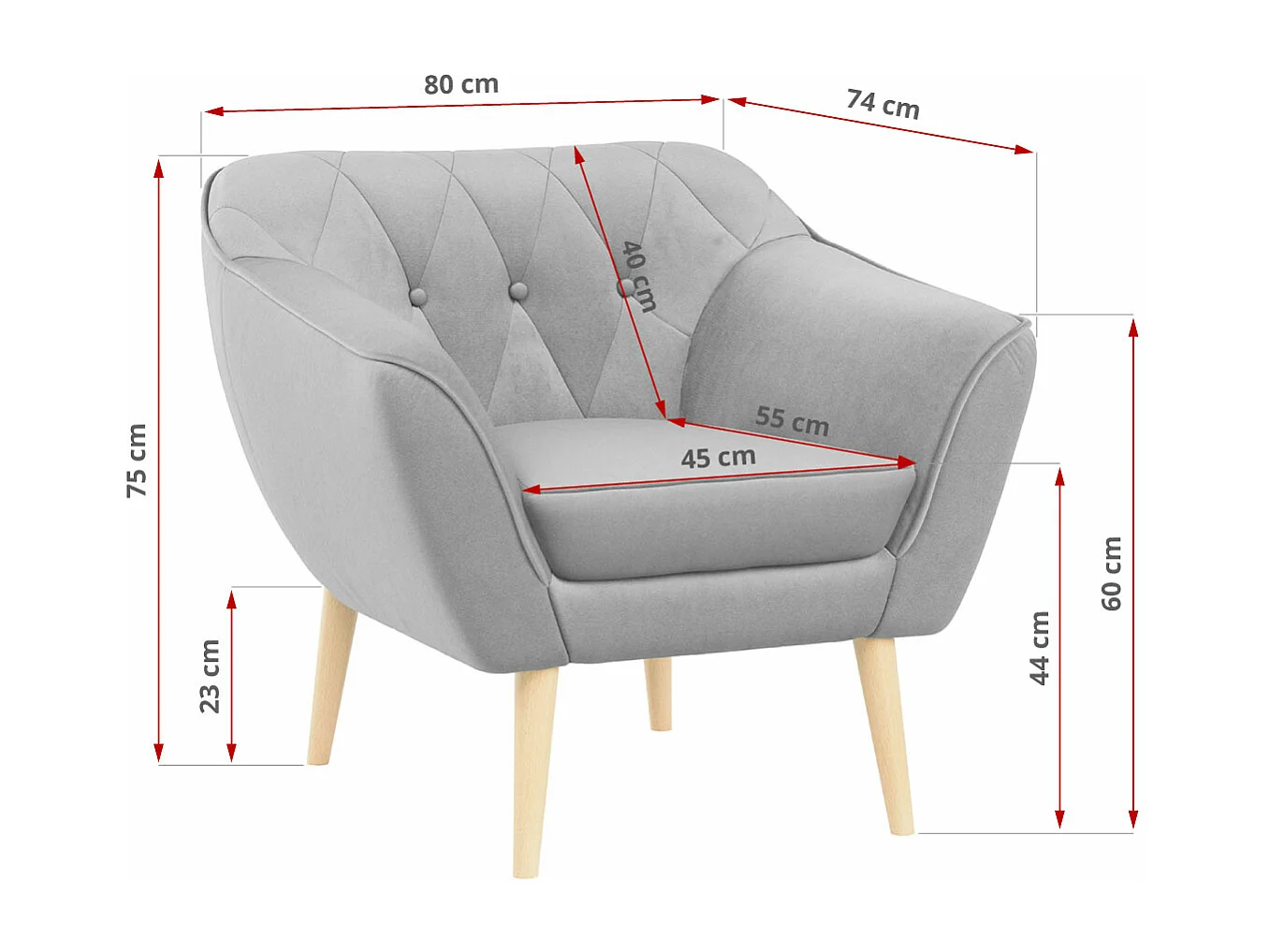 Couchgarnitur PIRS - 3+2+1, mit Armlehnen, Holzbeine, Skandinavischer Design - Hellgrau Velvet