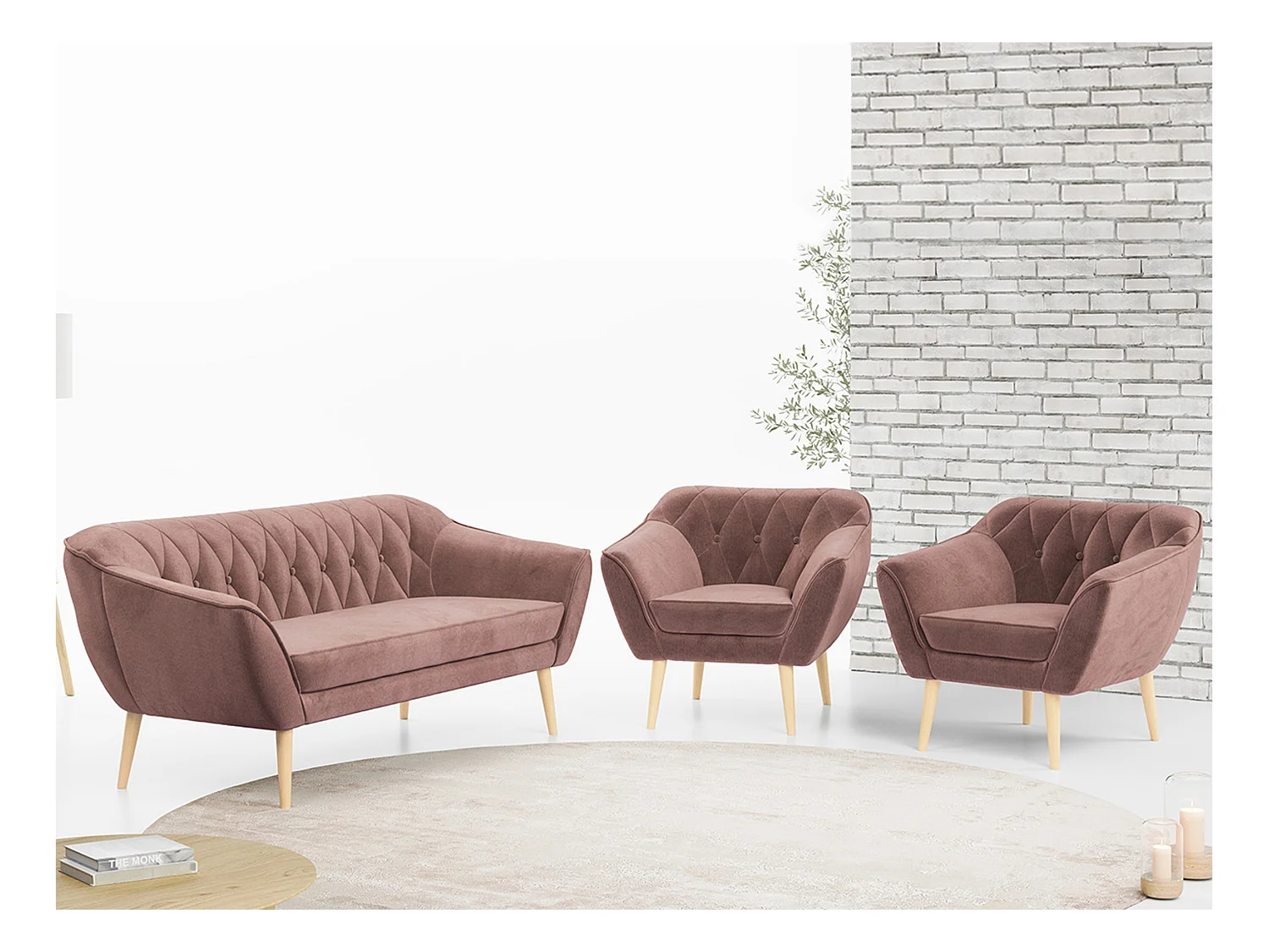 Couchgarnitur PIRS - 3+1+1, Armlehnen,Skandinavischer Design, 3-Sitzer Sofa mi Sesseln - Rosa Velvet