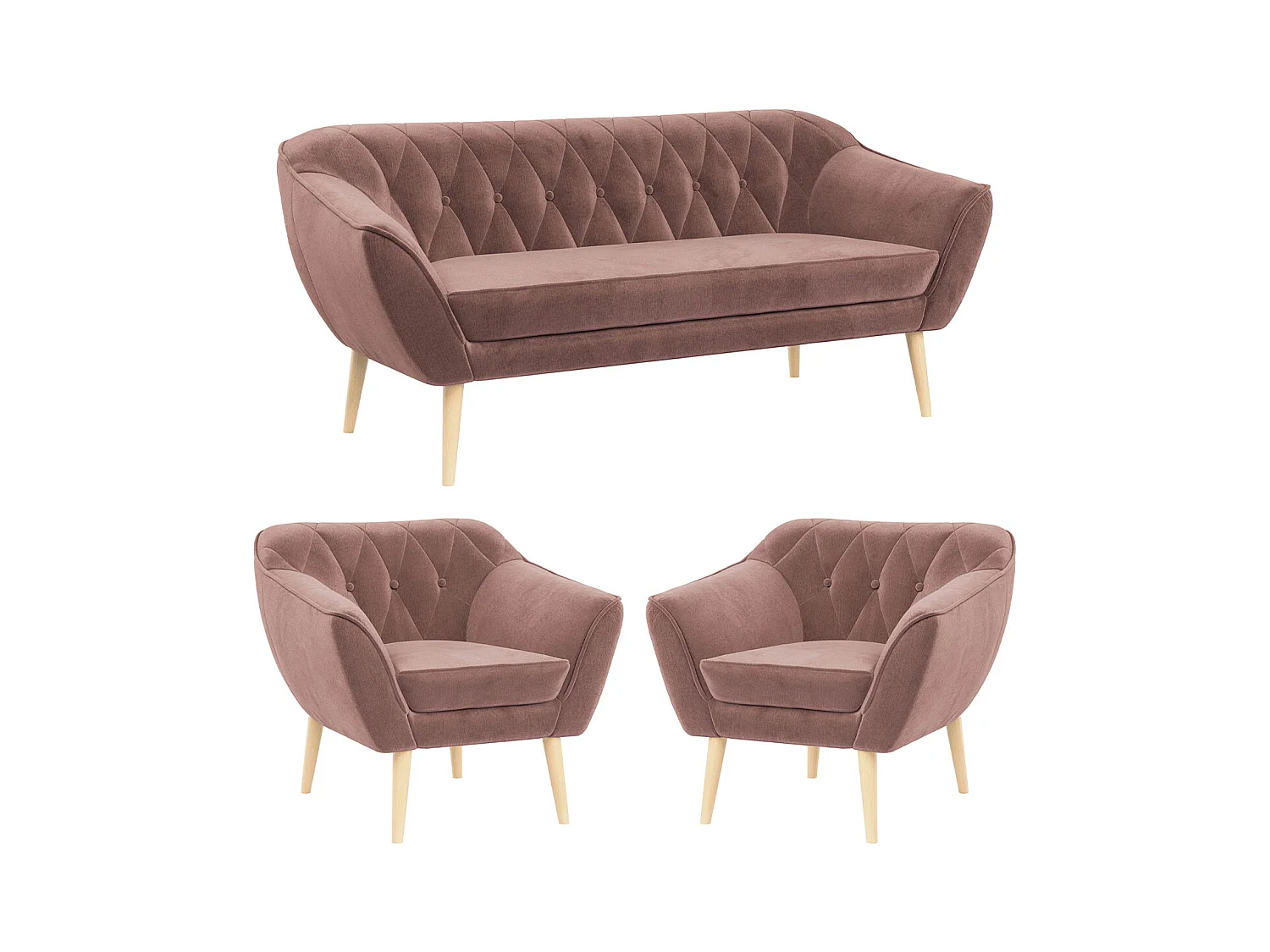 Couchgarnitur PIRS - 3+1+1, Armlehnen,Skandinavischer Design, 3-Sitzer Sofa mi Sesseln - Rosa Velvet