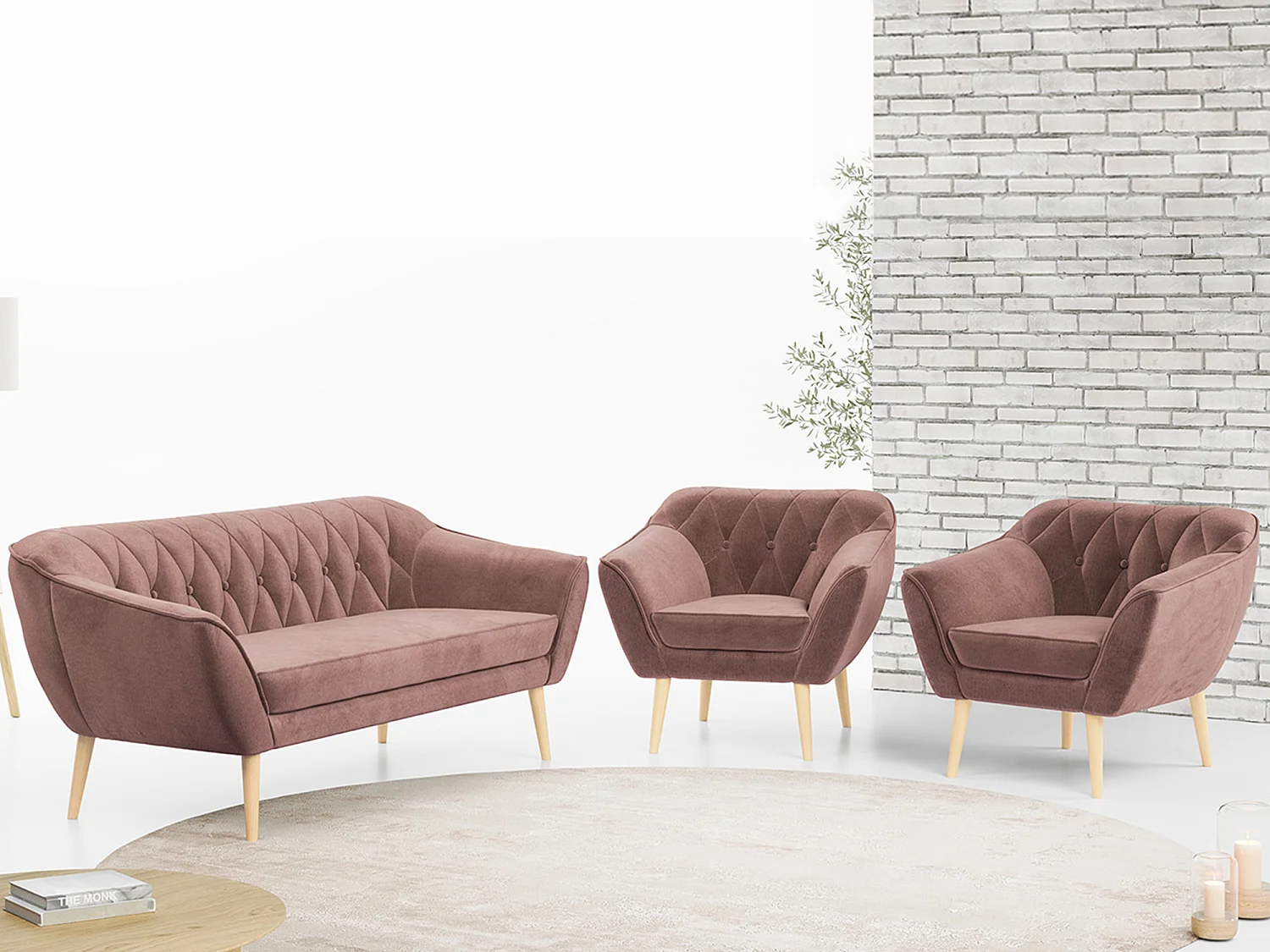 Couchgarnitur PIRS - 3+1+1, Armlehnen,Skandinavischer Design, 3-Sitzer Sofa mi Sesseln - Rosa Velvet