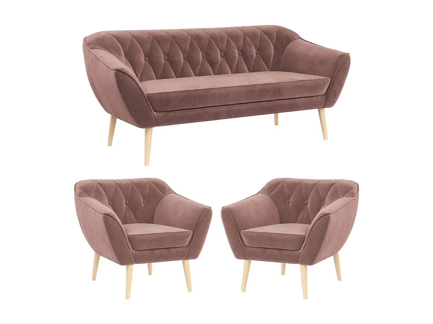 Couchgarnitur PIRS - 3+1+1, Armlehnen,Skandinavischer Design, 3-Sitzer Sofa mi Sesseln - Rosa Velvet