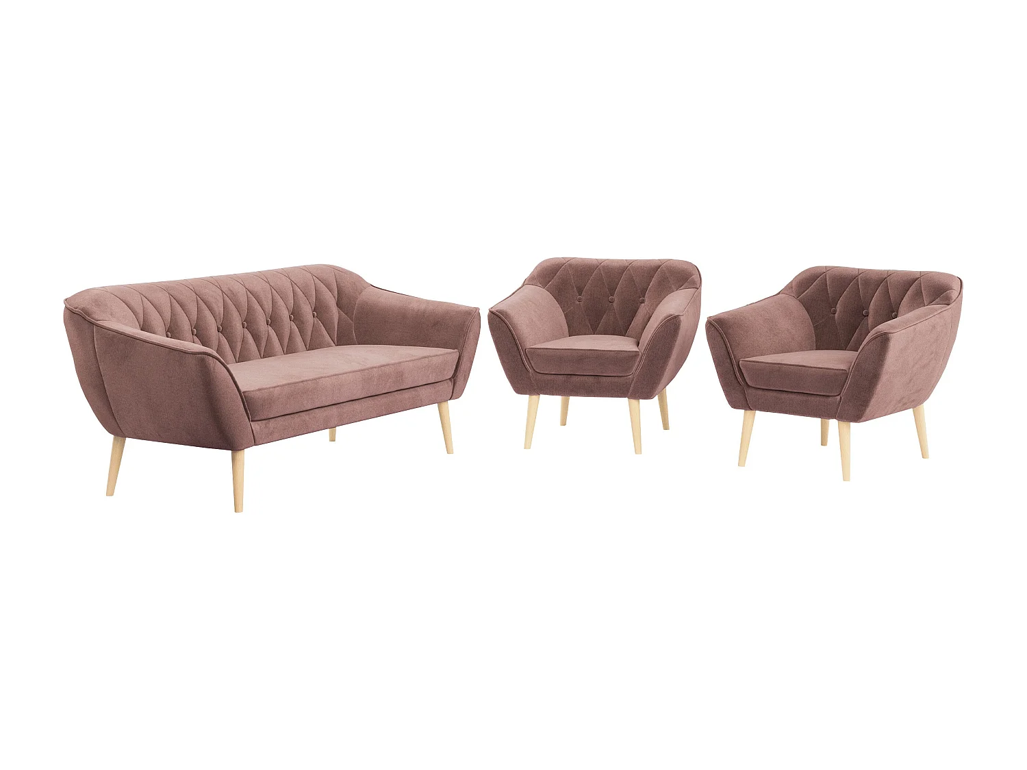 Couchgarnitur PIRS - 3+1+1, Armlehnen,Skandinavischer Design, 3-Sitzer Sofa mi Sesseln - Rosa Velvet