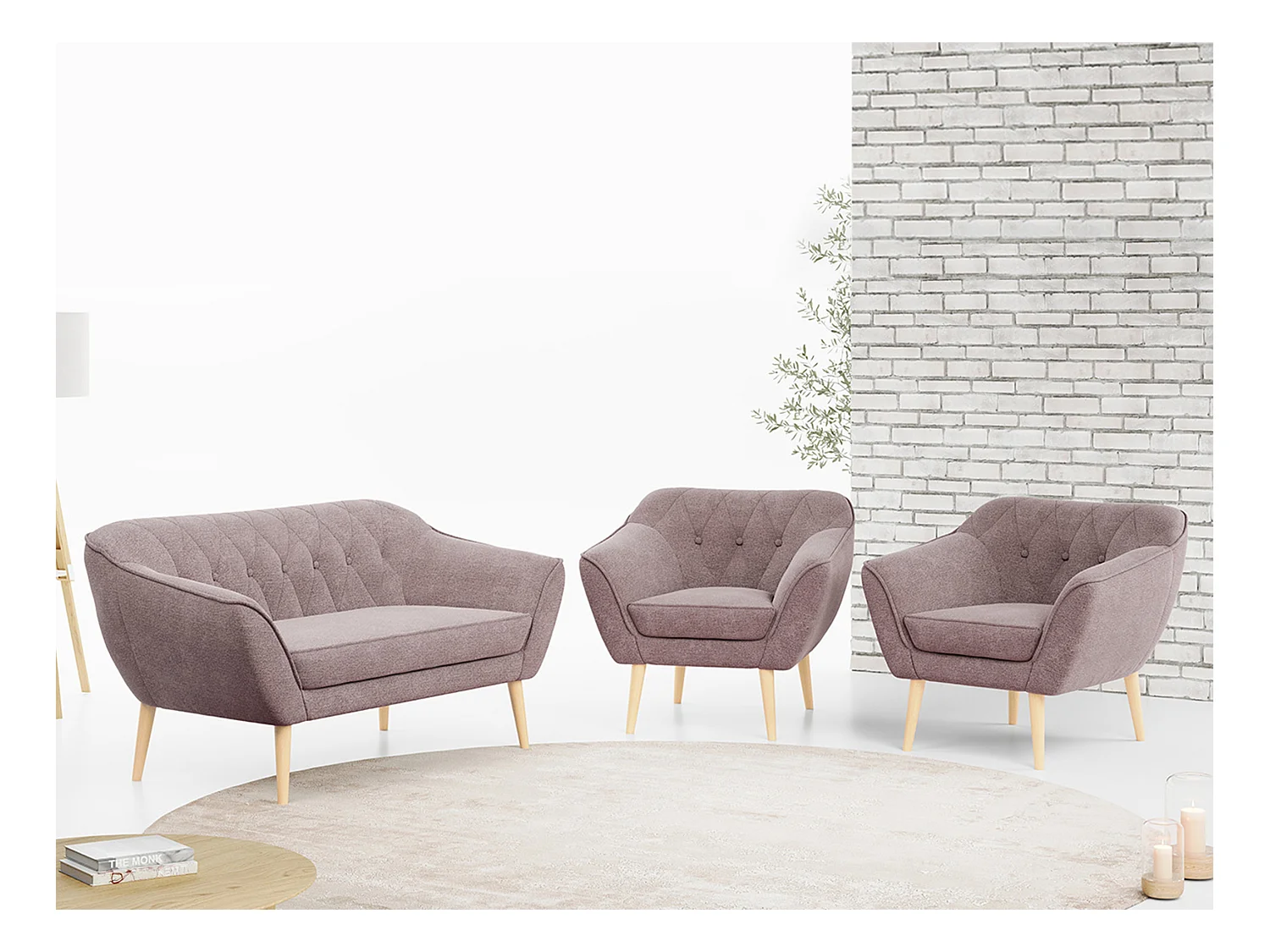 Sofagarnitur PIRS - 2+1+1, Sofa mit Sesseln, Skandinavischer Design, Armlehnen - Rosa Stukture