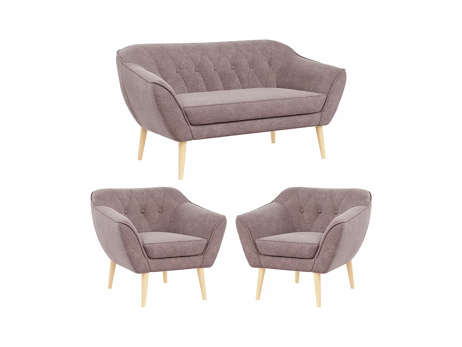 Sofagarnitur PIRS - 2+1+1, Sofa mit Sesseln, Skandinavischer Design, Armlehnen - Rosa Stukture