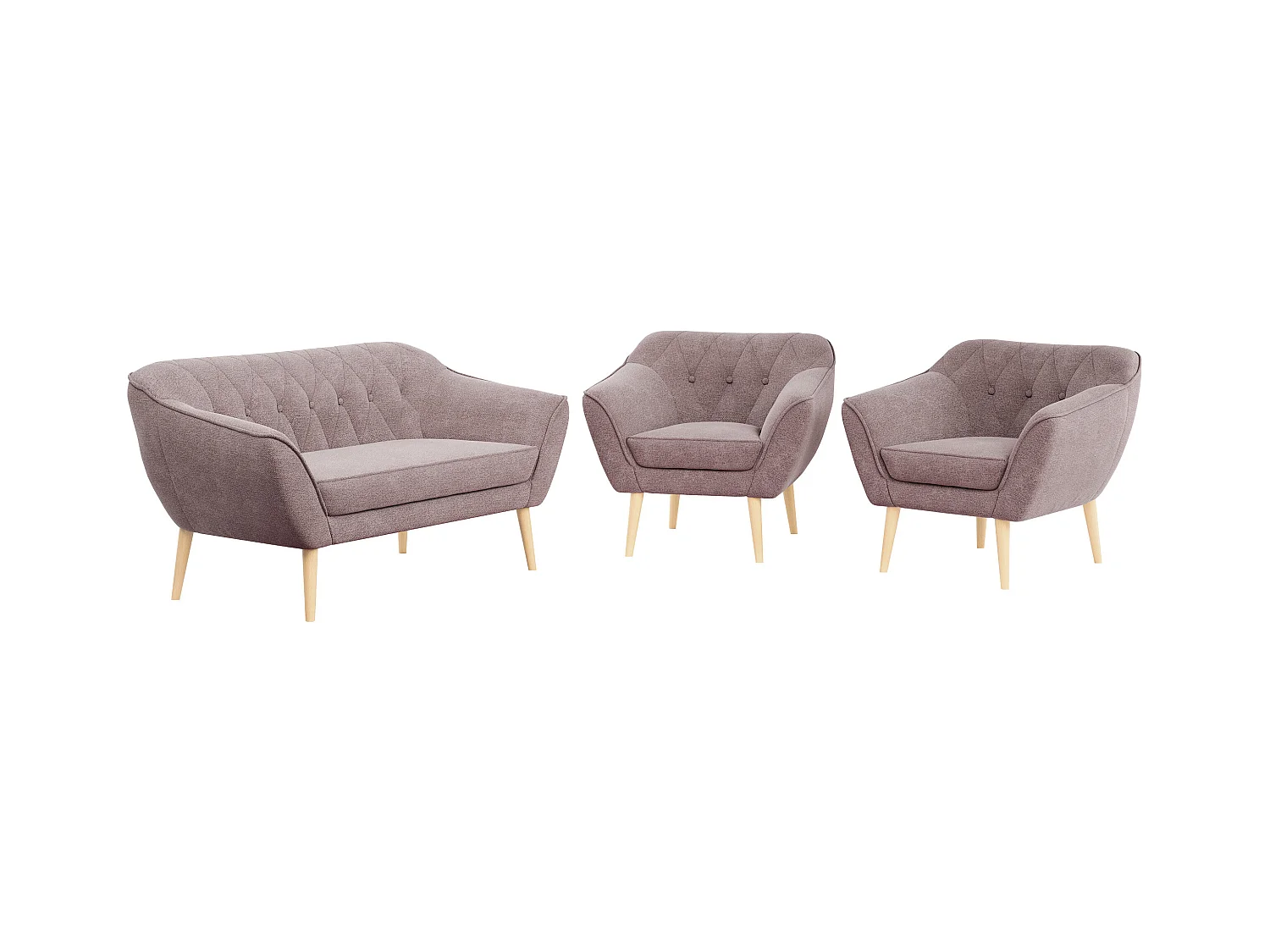 Sofagarnitur PIRS - 2+1+1, Sofa mit Sesseln, Skandinavischer Design, Armlehnen - Rosa Stukture