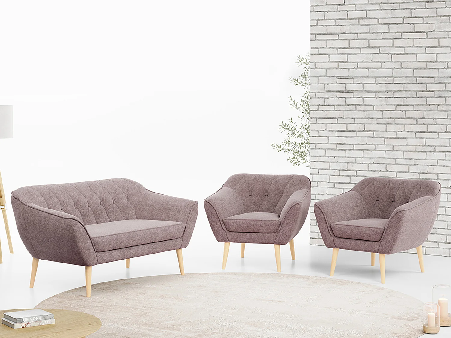 Sofagarnitur PIRS - 2+1+1, Sofa mit Sesseln, Skandinavischer Design, Armlehnen - Rosa Stukture