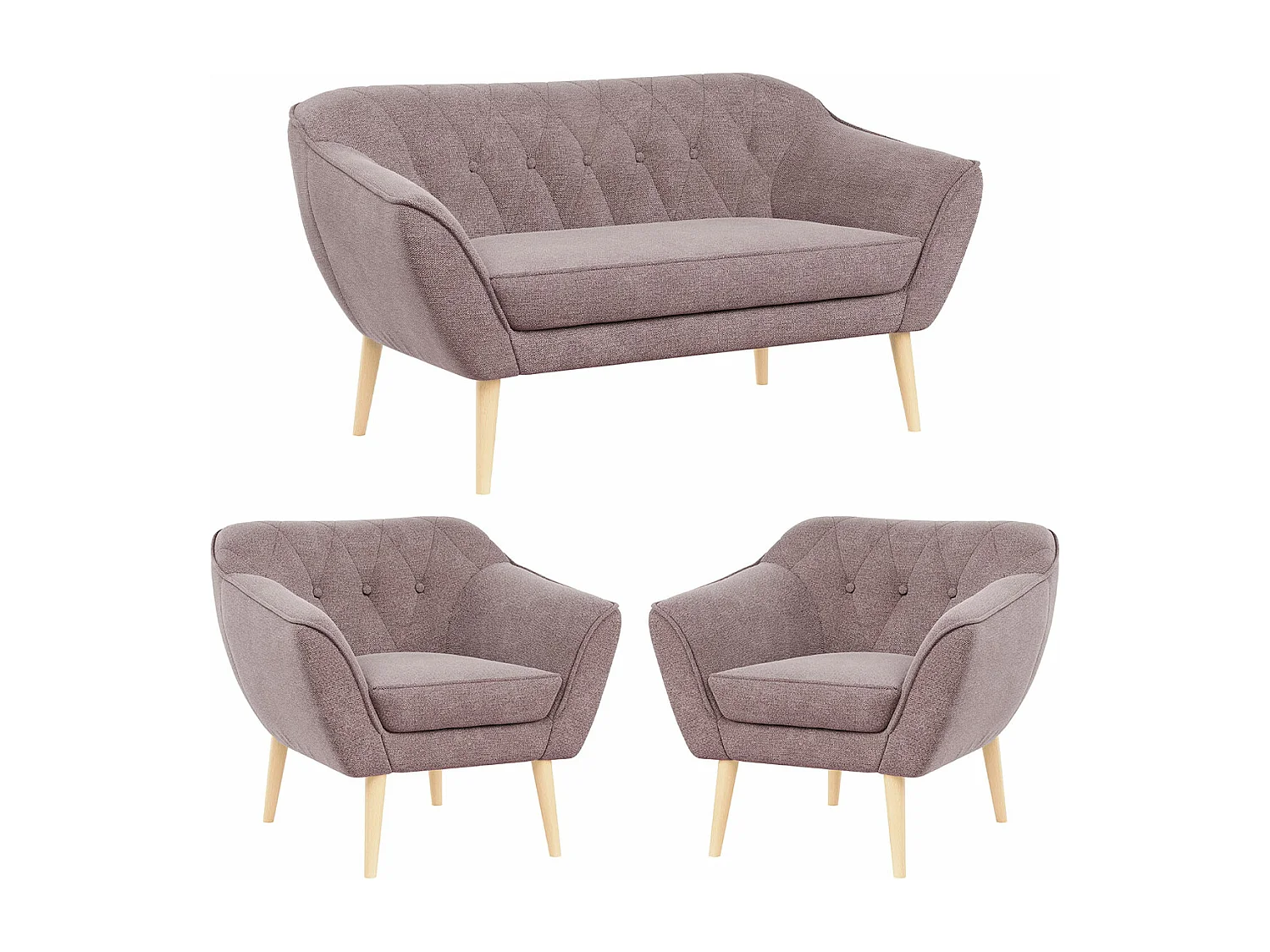 Sofagarnitur PIRS - 2+1+1, Sofa mit Sesseln, Skandinavischer Design, Armlehnen - Rosa Stukture
