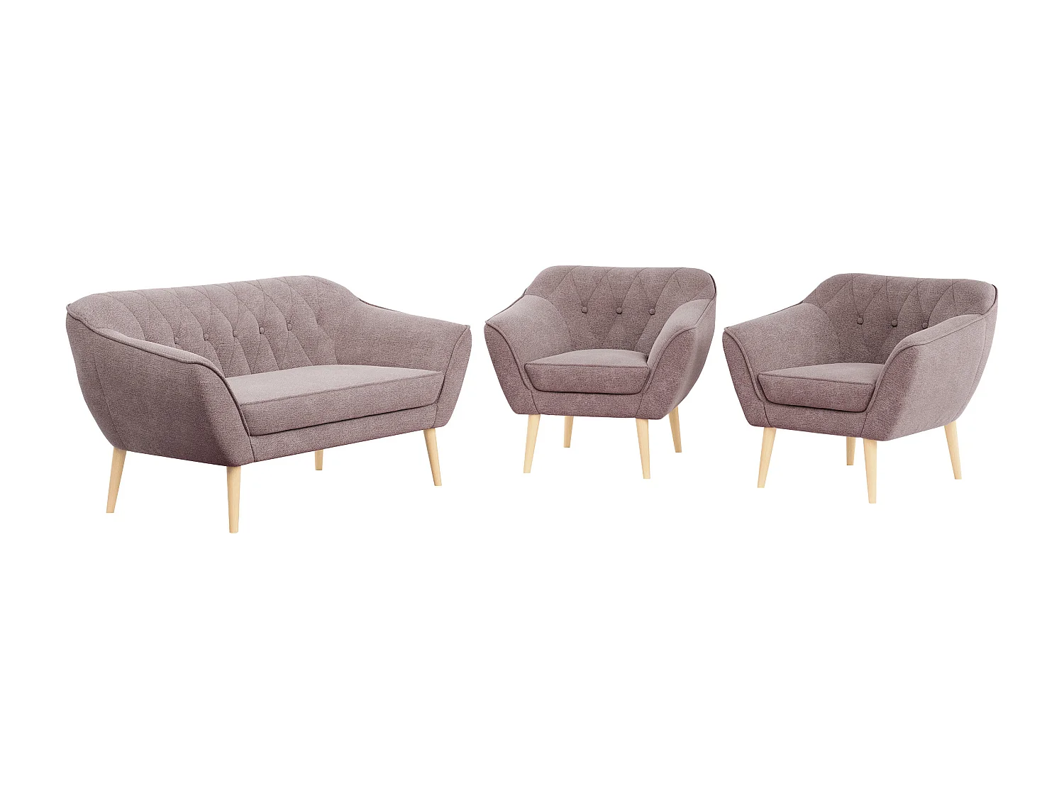 Sofagarnitur PIRS - 2+1+1, Sofa mit Sesseln, Skandinavischer Design, Armlehnen - Rosa Stukture