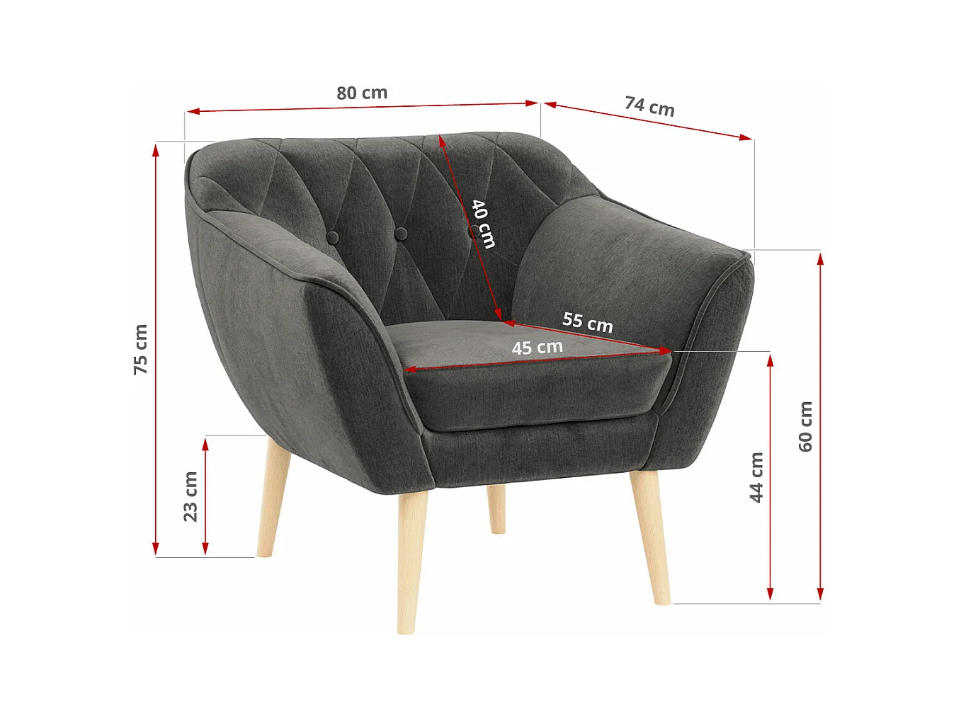Couchgarnitur PIRS - 3+2+1, mit Armlehnen, Holzbeine, Skandinavischer Design - Grau Velvet