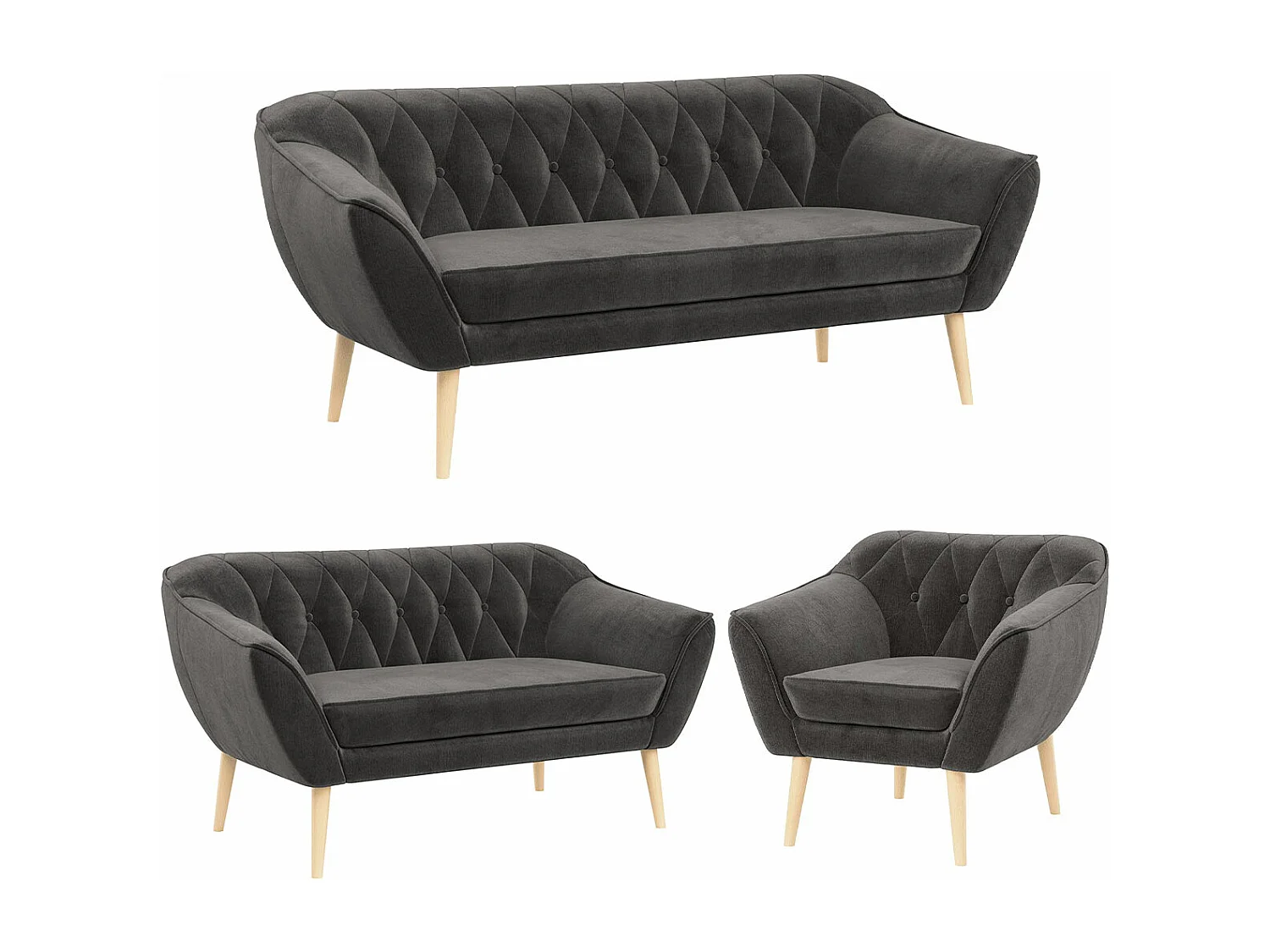 Couchgarnitur PIRS - 3+2+1, mit Armlehnen, Holzbeine, Skandinavischer Design - Grau Velvet