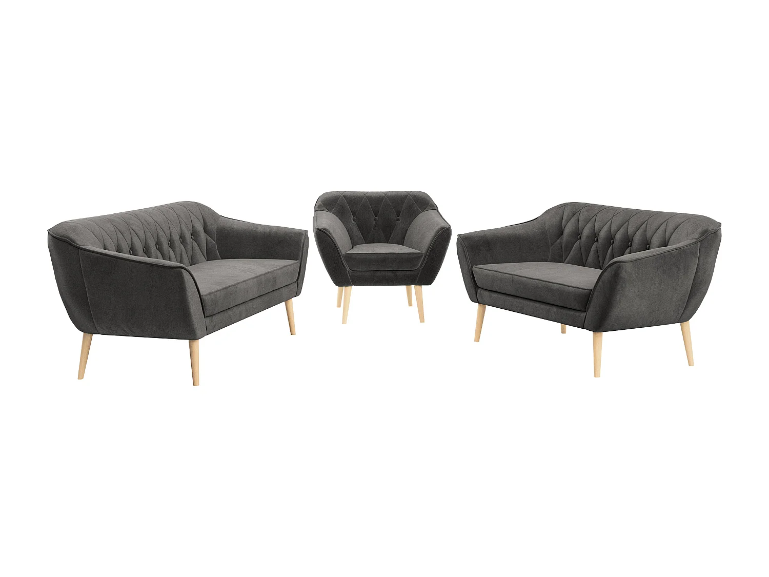 Couchgarnitur PIRS - 3+2+1, mit Armlehnen, Holzbeine, Skandinavischer Design - Grau Velvet