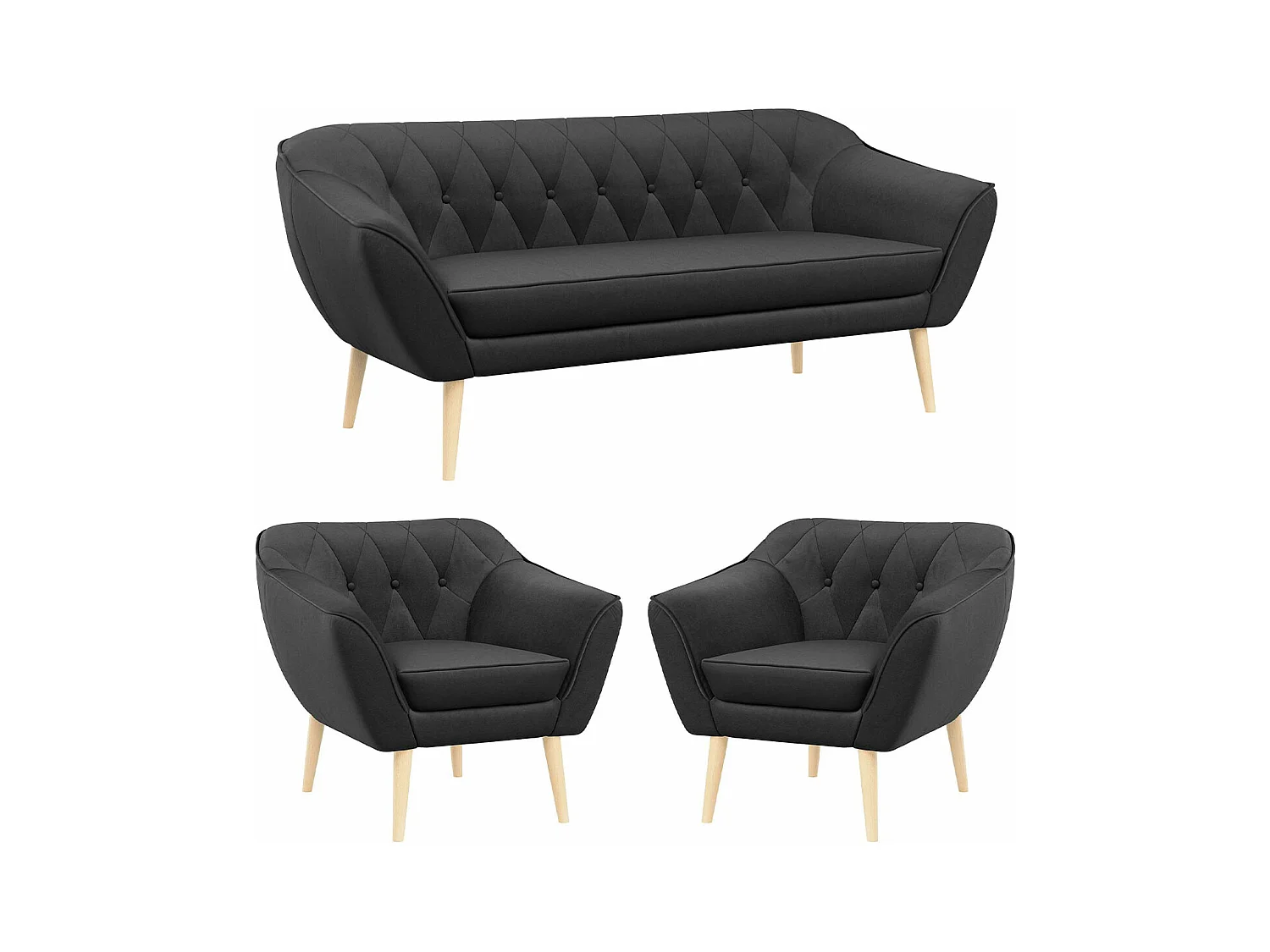 Couchgarnitur PIRS - 3+1+1, Armlehnen,Skandinavischer Design, 3-Sitzer Sofa mi Sesseln - Grau Velvet