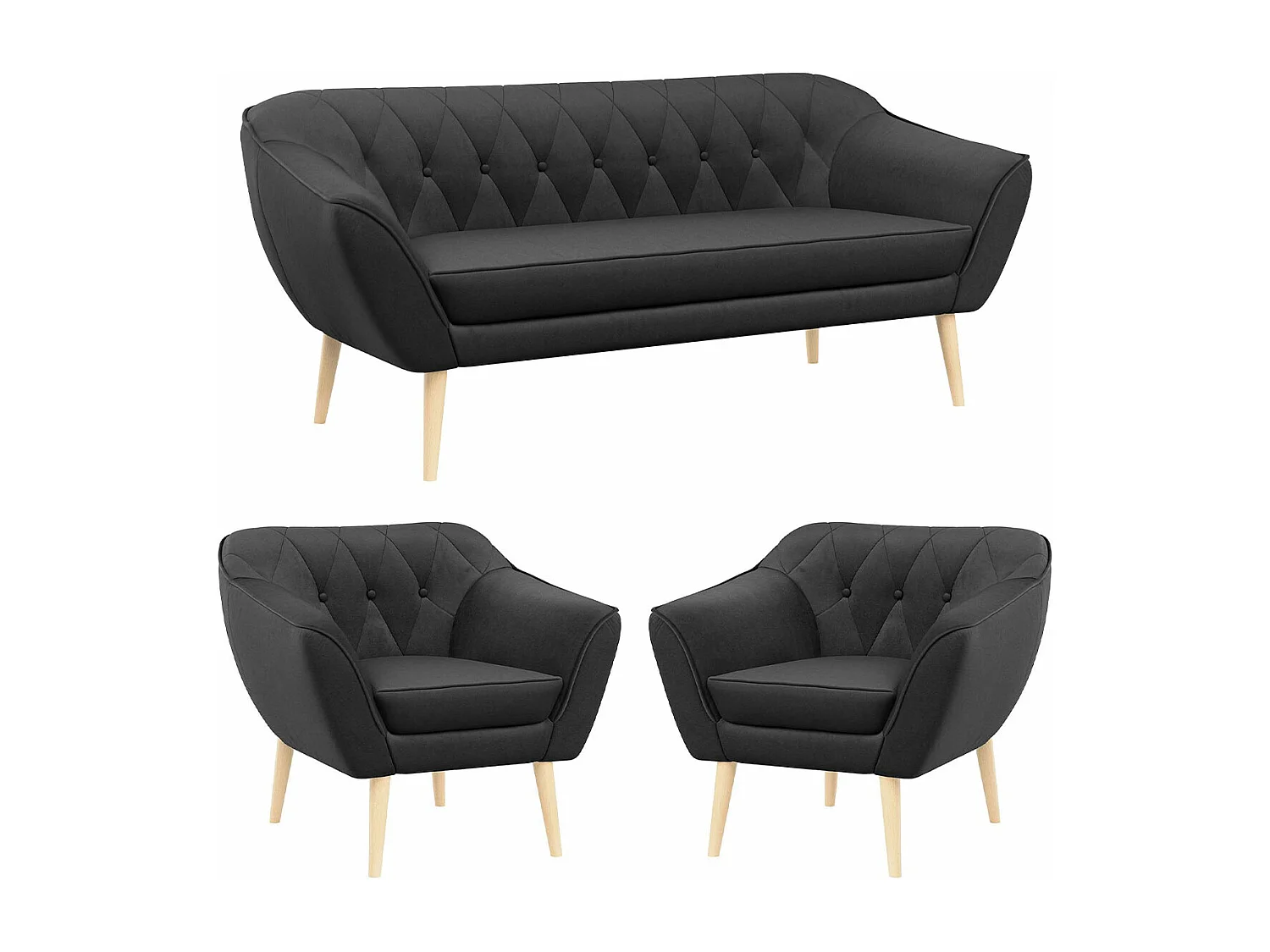 Couchgarnitur PIRS - 3+1+1, Armlehnen,Skandinavischer Design, 3-Sitzer Sofa mi Sesseln - Grau Velvet