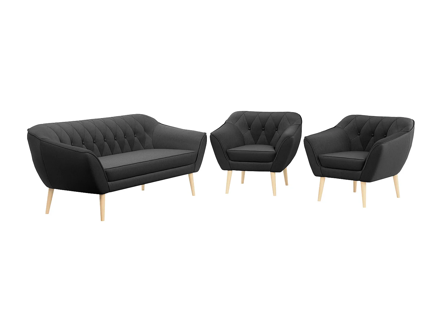 Couchgarnitur PIRS - 3+1+1, Armlehnen,Skandinavischer Design, 3-Sitzer Sofa mi Sesseln - Grau Velvet