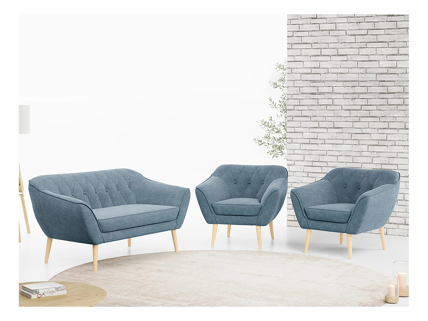 Sofagarnitur PIRS - 2+1+1, Sofa mit Sesseln, Skandinavischer Design, Armlehnen - Blau Stukture