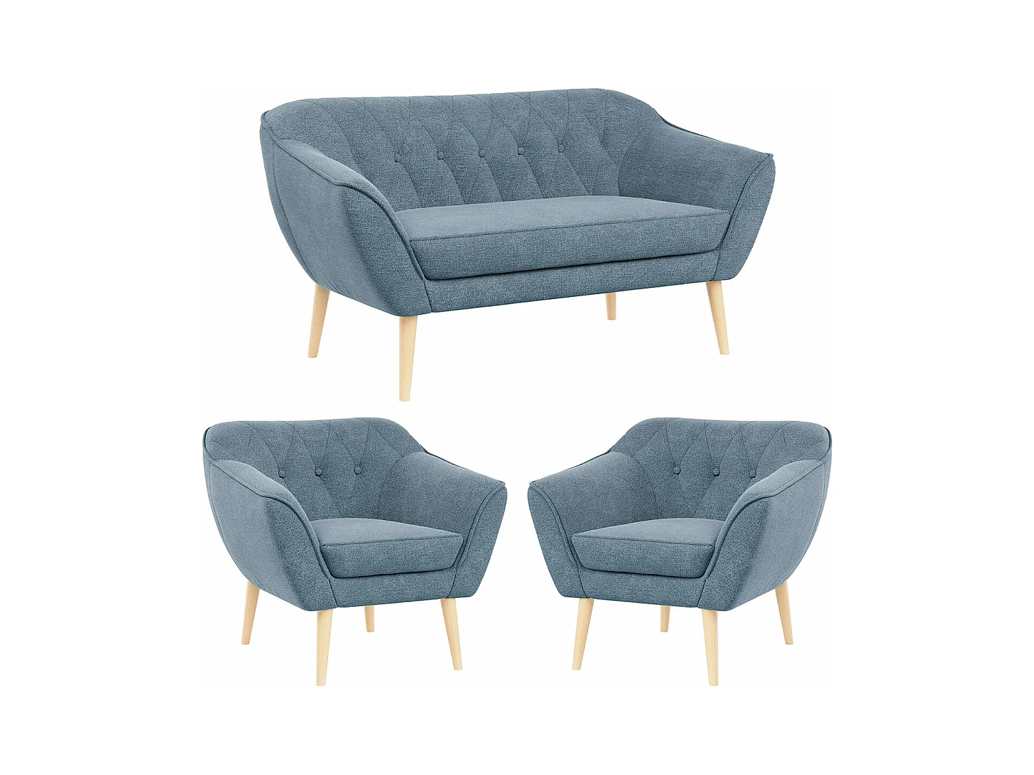 Sofagarnitur PIRS - 2+1+1, Sofa mit Sesseln, Skandinavischer Design, Armlehnen - Blau Stukture