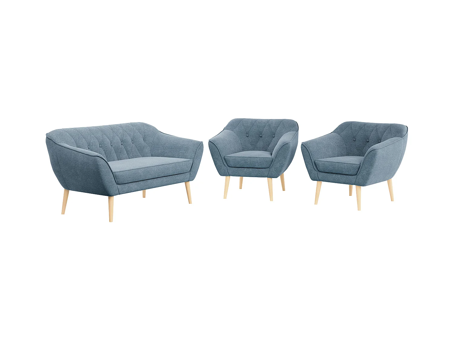 Sofagarnitur PIRS - 2+1+1, Sofa mit Sesseln, Skandinavischer Design, Armlehnen - Blau Stukture