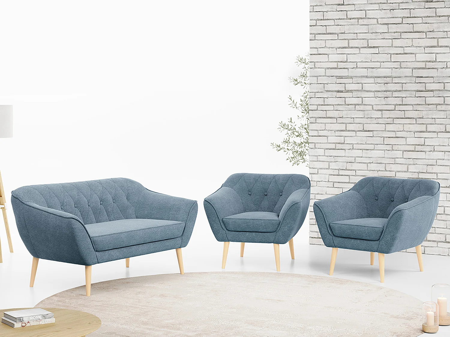 Sofagarnitur PIRS - 2+1+1, Sofa mit Sesseln, Skandinavischer Design, Armlehnen - Blau Stukture