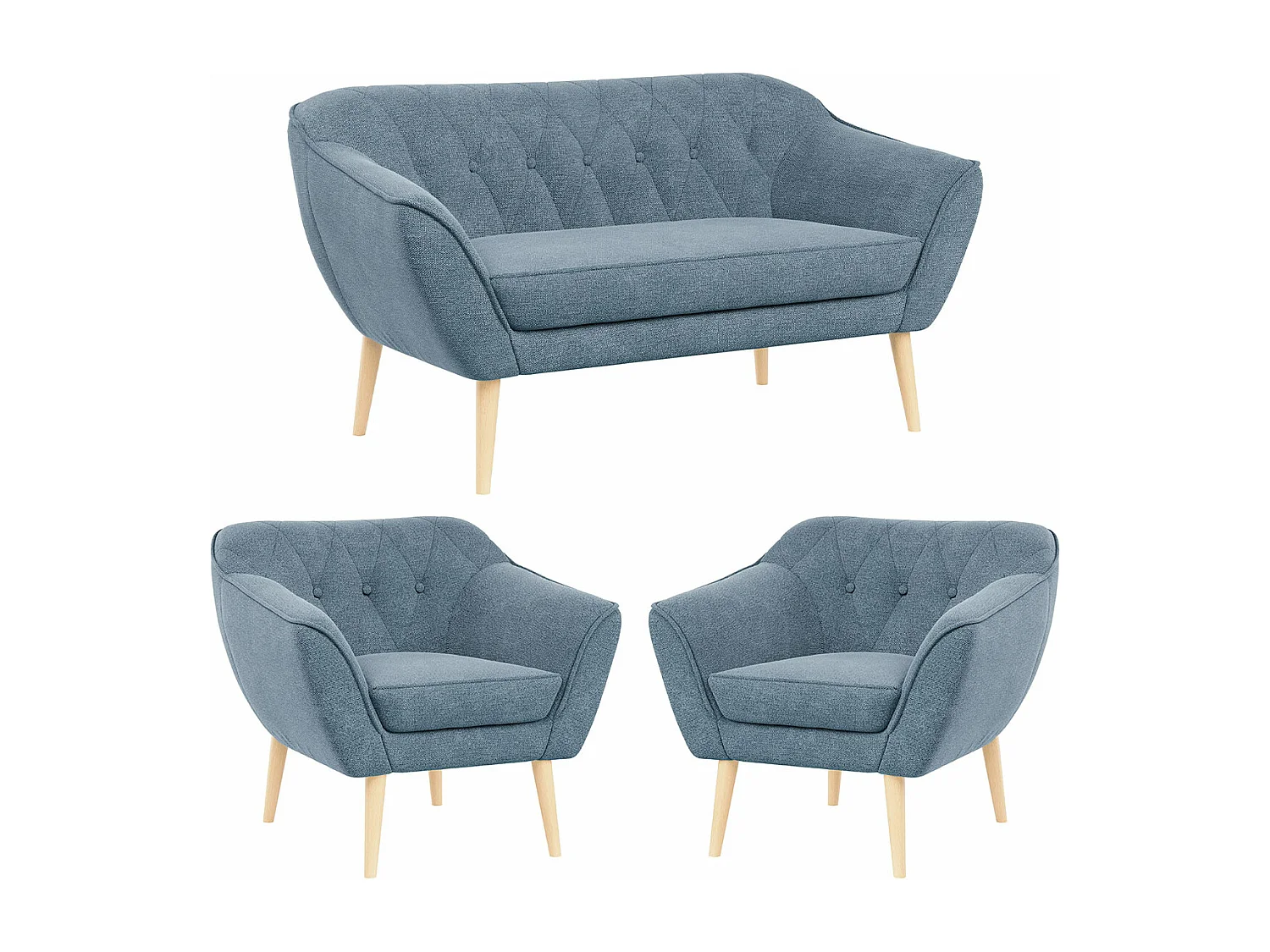 Sofagarnitur PIRS - 2+1+1, Sofa mit Sesseln, Skandinavischer Design, Armlehnen - Blau Stukture