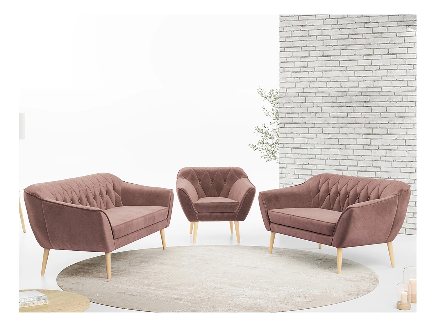 Couchgarnitur PIRS - 3+2+1, mit Armlehnen, Holzbeine, Skandinavischer Design - Rosa Velvet