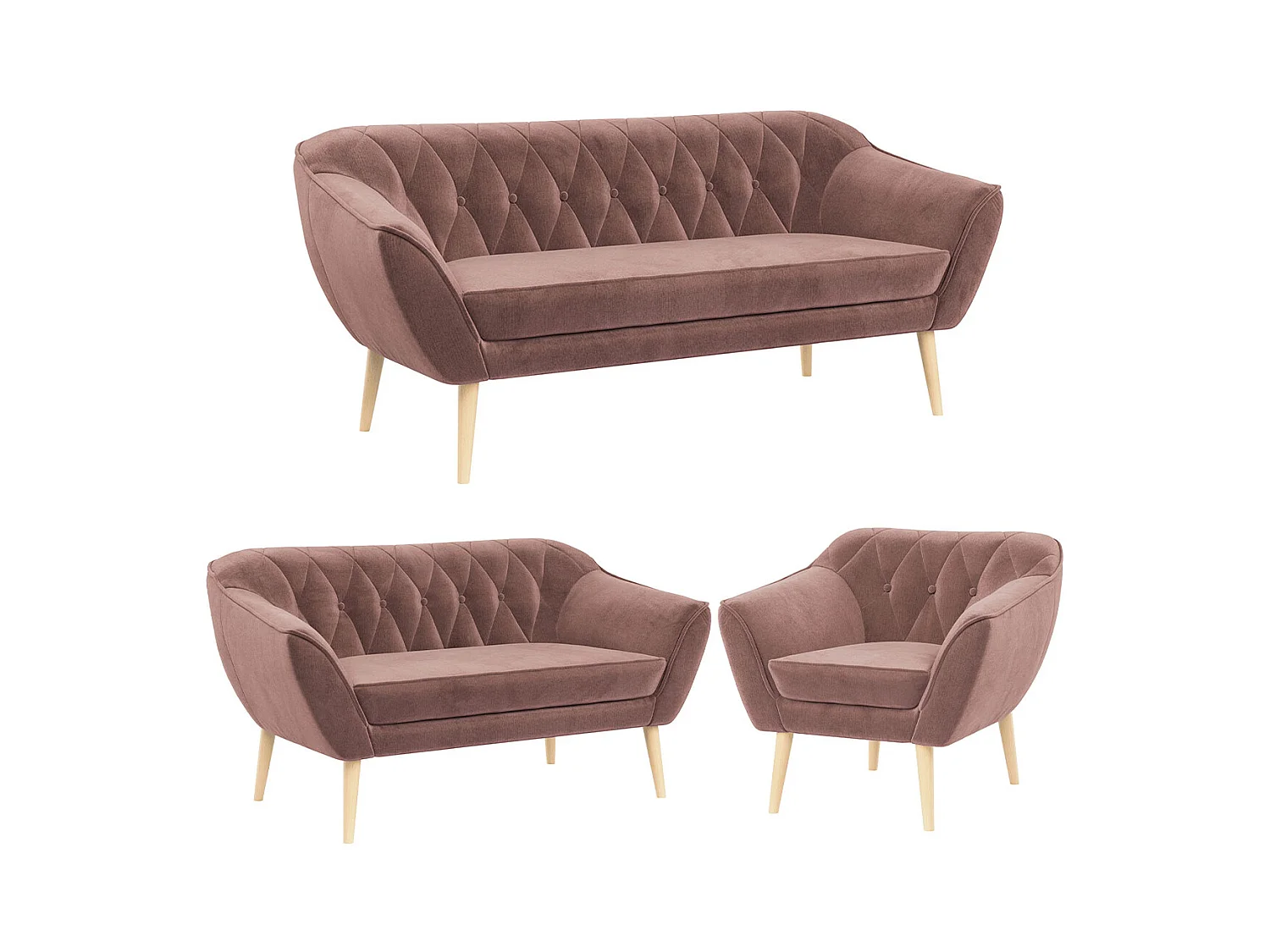 Couchgarnitur PIRS - 3+2+1, mit Armlehnen, Holzbeine, Skandinavischer Design - Rosa Velvet