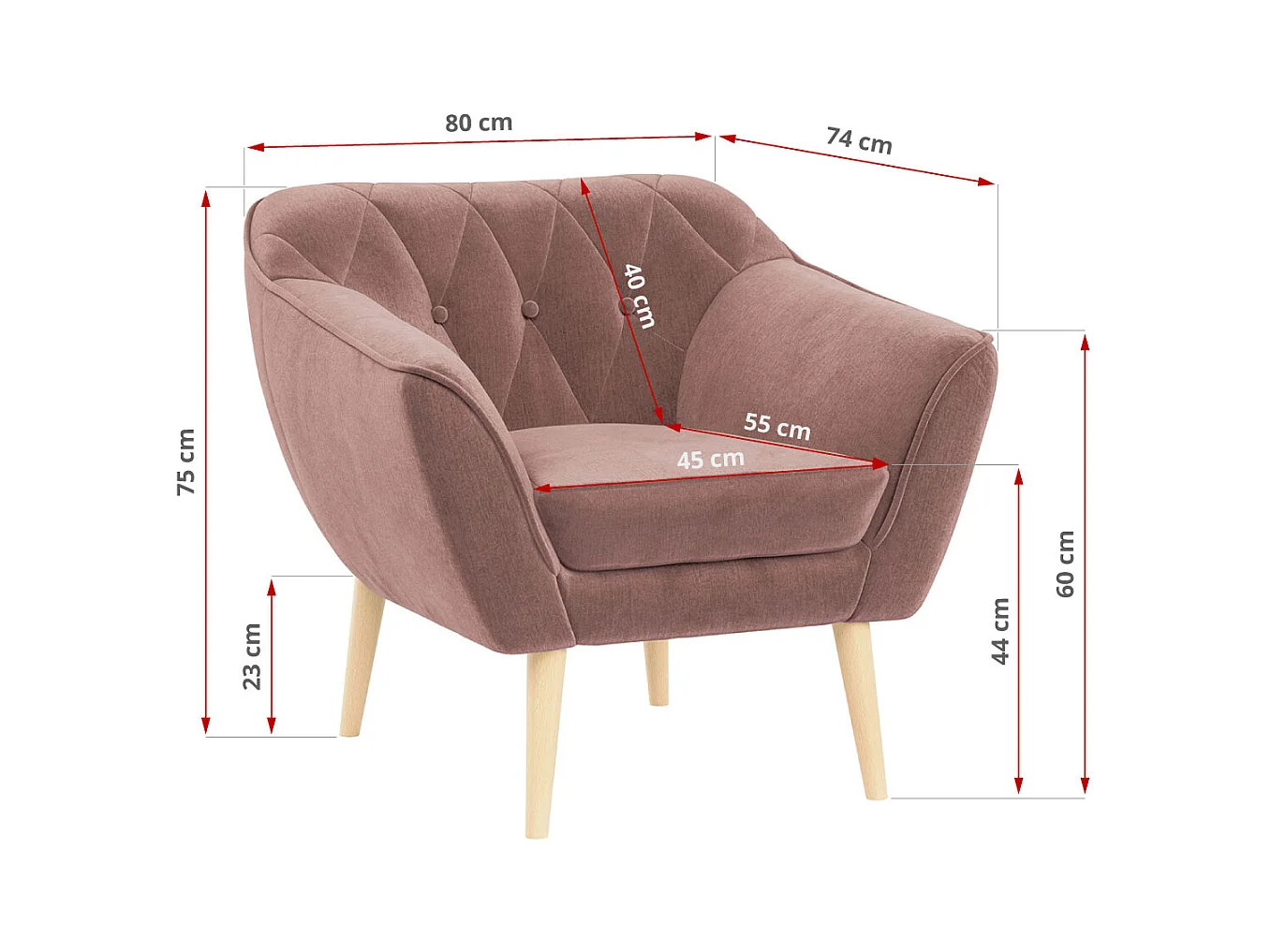 Couchgarnitur PIRS - 3+2+1, mit Armlehnen, Holzbeine, Skandinavischer Design - Rosa Velvet