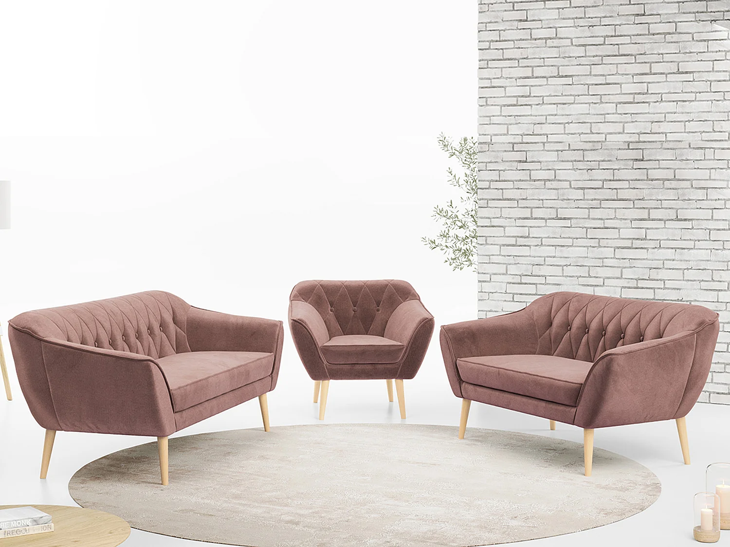 Couchgarnitur PIRS - 3+2+1, mit Armlehnen, Holzbeine, Skandinavischer Design - Rosa Velvet