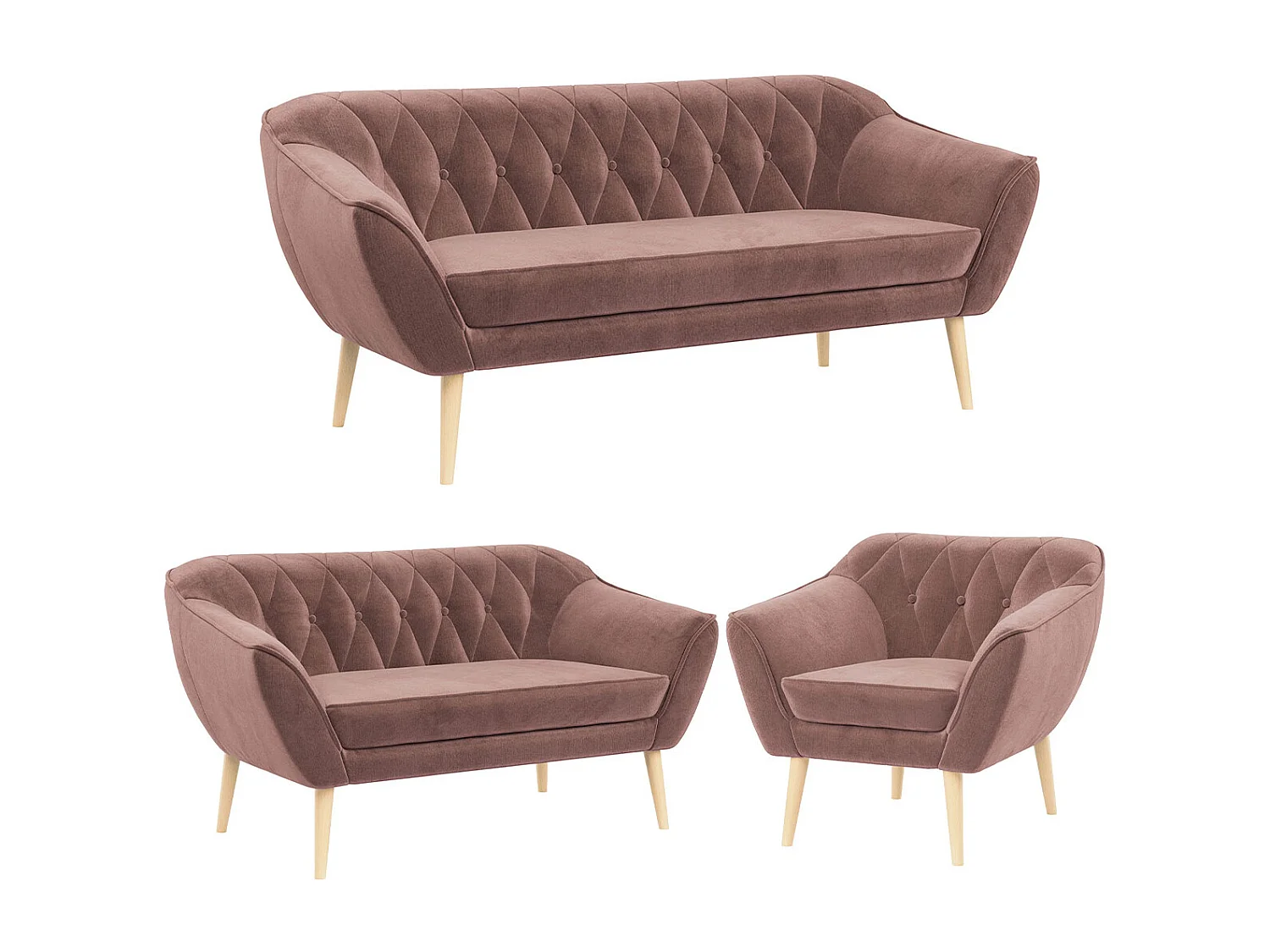 Couchgarnitur PIRS - 3+2+1, mit Armlehnen, Holzbeine, Skandinavischer Design - Rosa Velvet