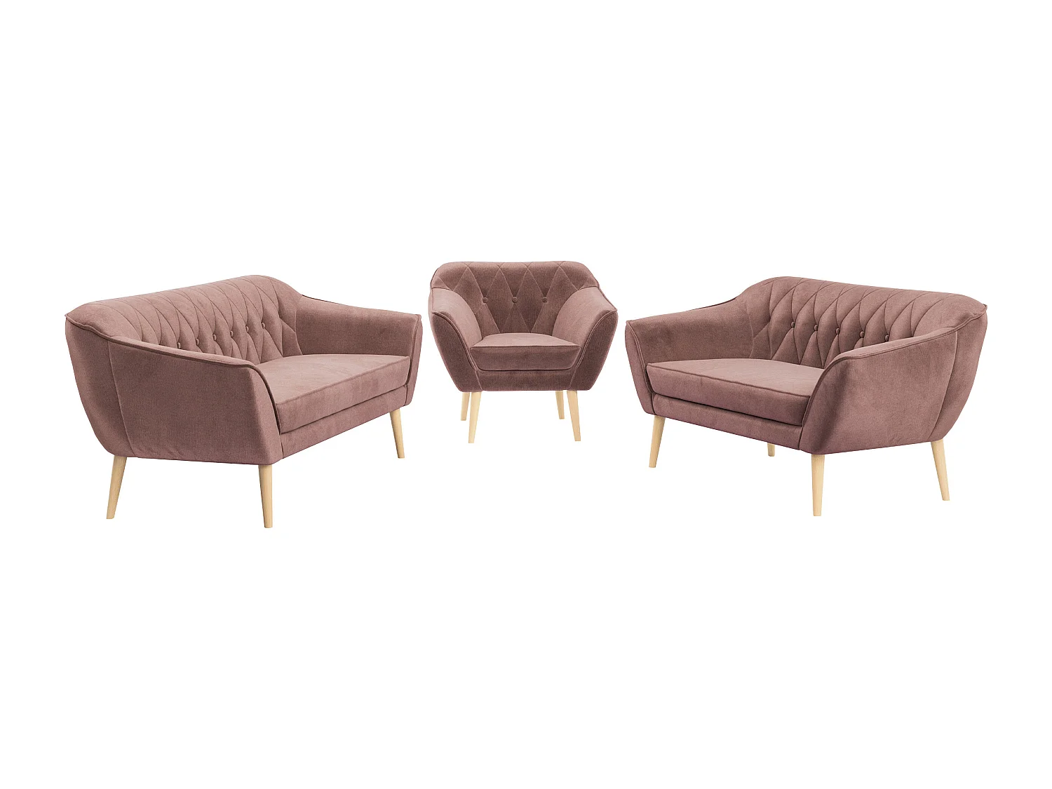 Couchgarnitur PIRS - 3+2+1, mit Armlehnen, Holzbeine, Skandinavischer Design - Rosa Velvet