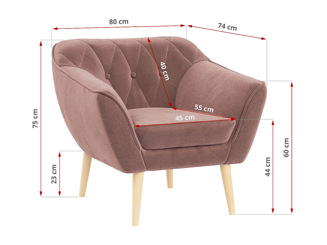 Couchgarnitur PIRS - 3+2+1, mit Armlehnen, Holzbeine, Skandinavischer Design - Rosa Velvet