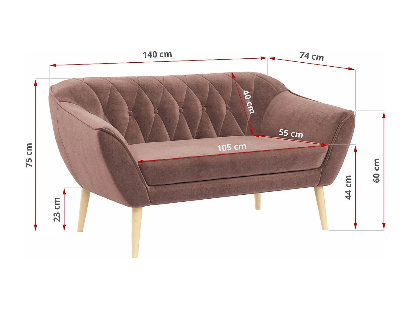 Couchgarnitur PIRS - 3+2+1, mit Armlehnen, Holzbeine, Skandinavischer Design - Rosa Velvet