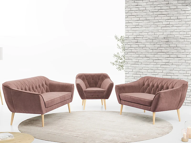 Couchgarnitur PIRS - 3+2+1, mit Armlehnen, Holzbeine, Skandinavischer Design - Rosa Velvet