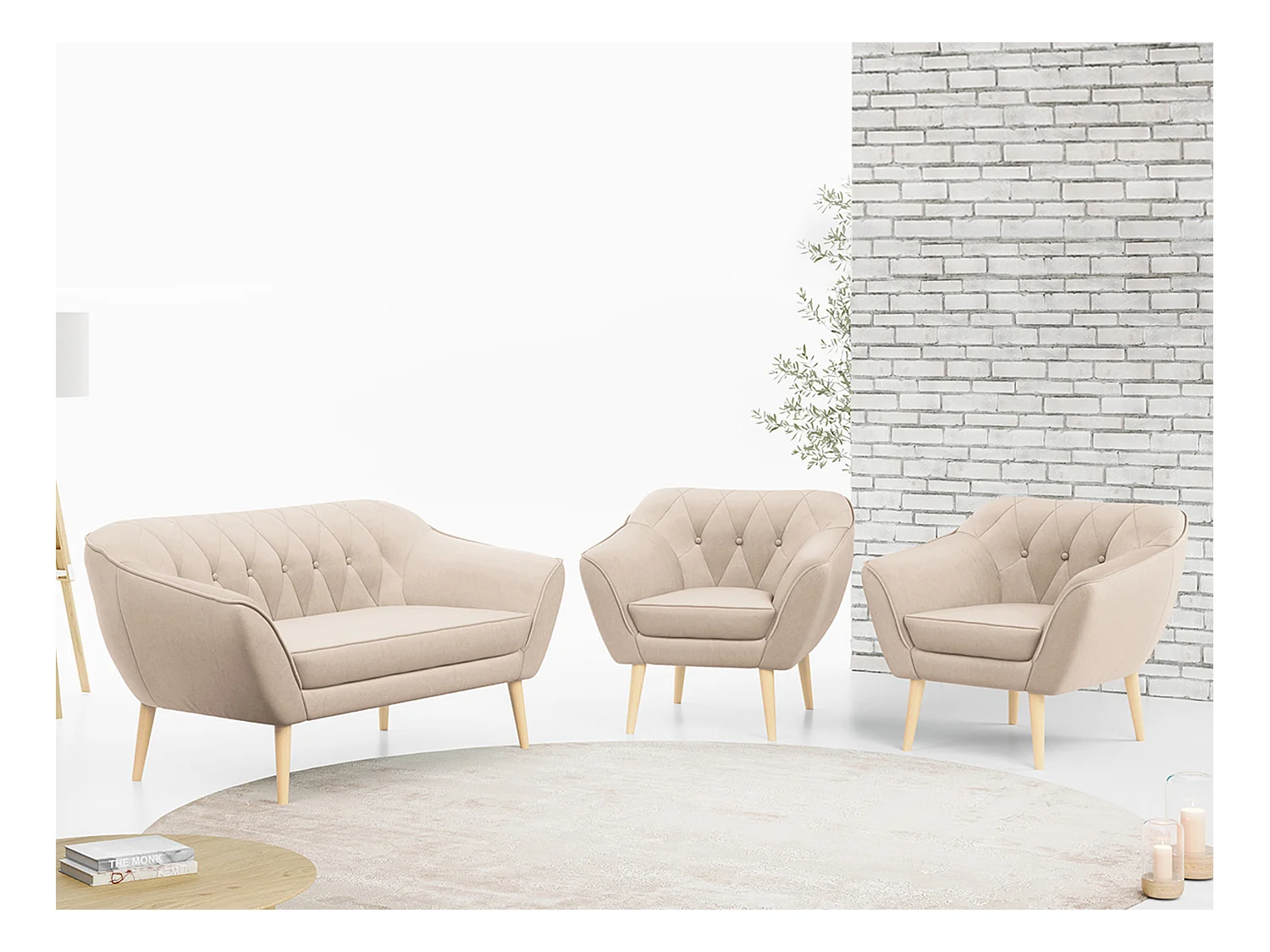Sofagarnitur PIRS - 2+1+1, Sofa mit Sesseln, Skandinavischer Design, Armlehnen - Beige Velvet
