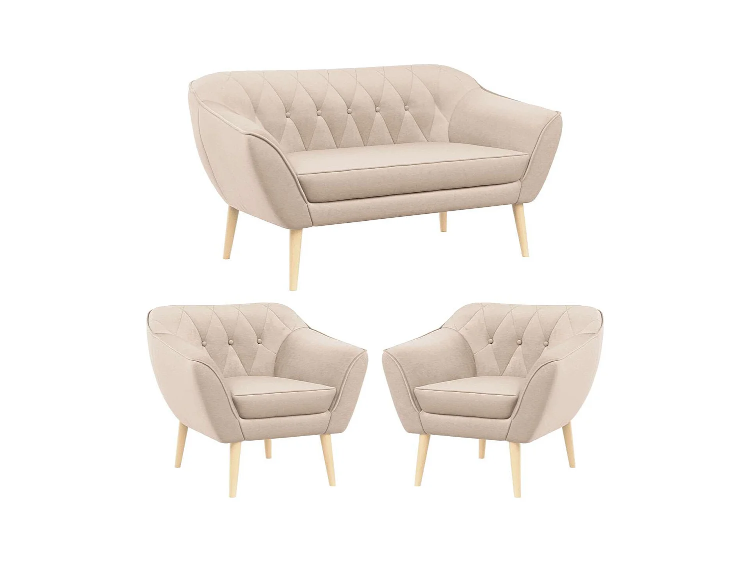 Sofagarnitur PIRS - 2+1+1, Sofa mit Sesseln, Skandinavischer Design, Armlehnen - Beige Velvet