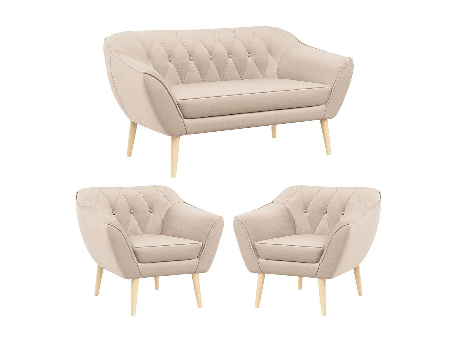Sofagarnitur PIRS - 2+1+1, Sofa mit Sesseln, Skandinavischer Design, Armlehnen - Beige Velvet