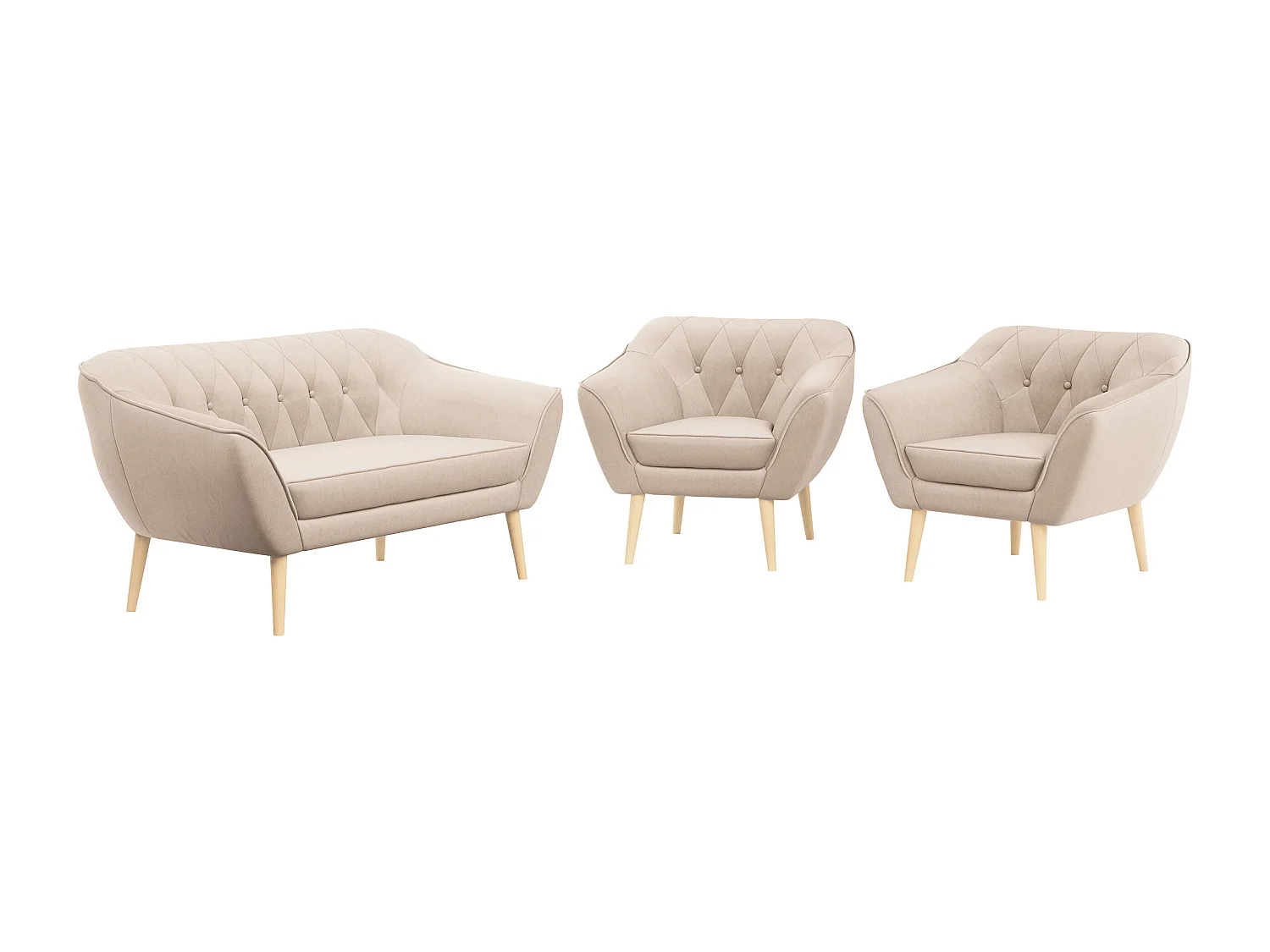 Sofagarnitur PIRS - 2+1+1, Sofa mit Sesseln, Skandinavischer Design, Armlehnen - Beige Velvet