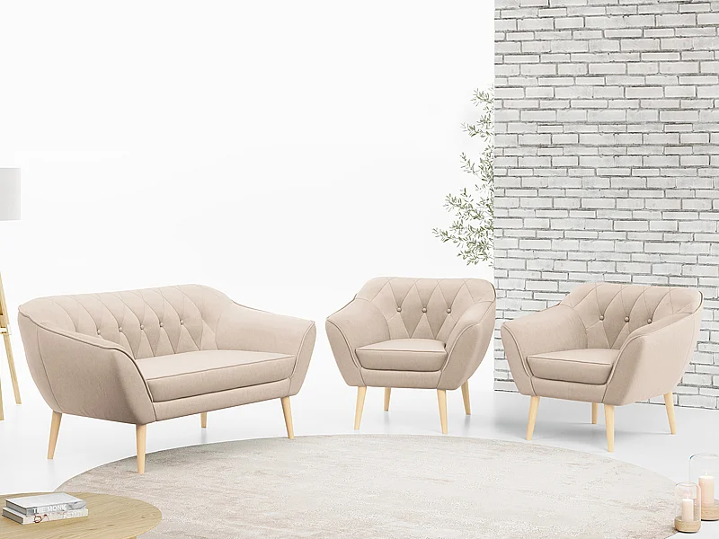 Sofagarnitur PIRS - 2+1+1, Sofa mit Sesseln, Skandinavischer Design, Armlehnen - Beige Velvet