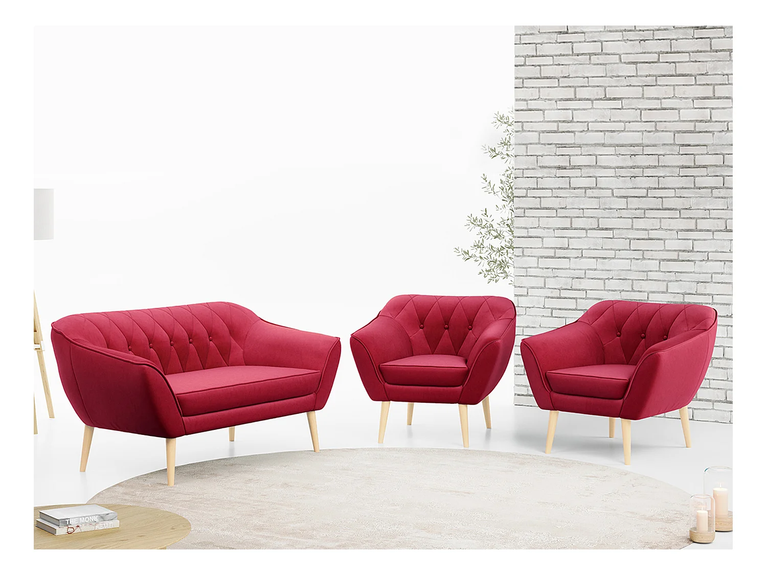 Sofagarnitur PIRS - 2+1+1, Sofa mit Sesseln, Skandinavischer Design, Armlehnen - Rot Velvet