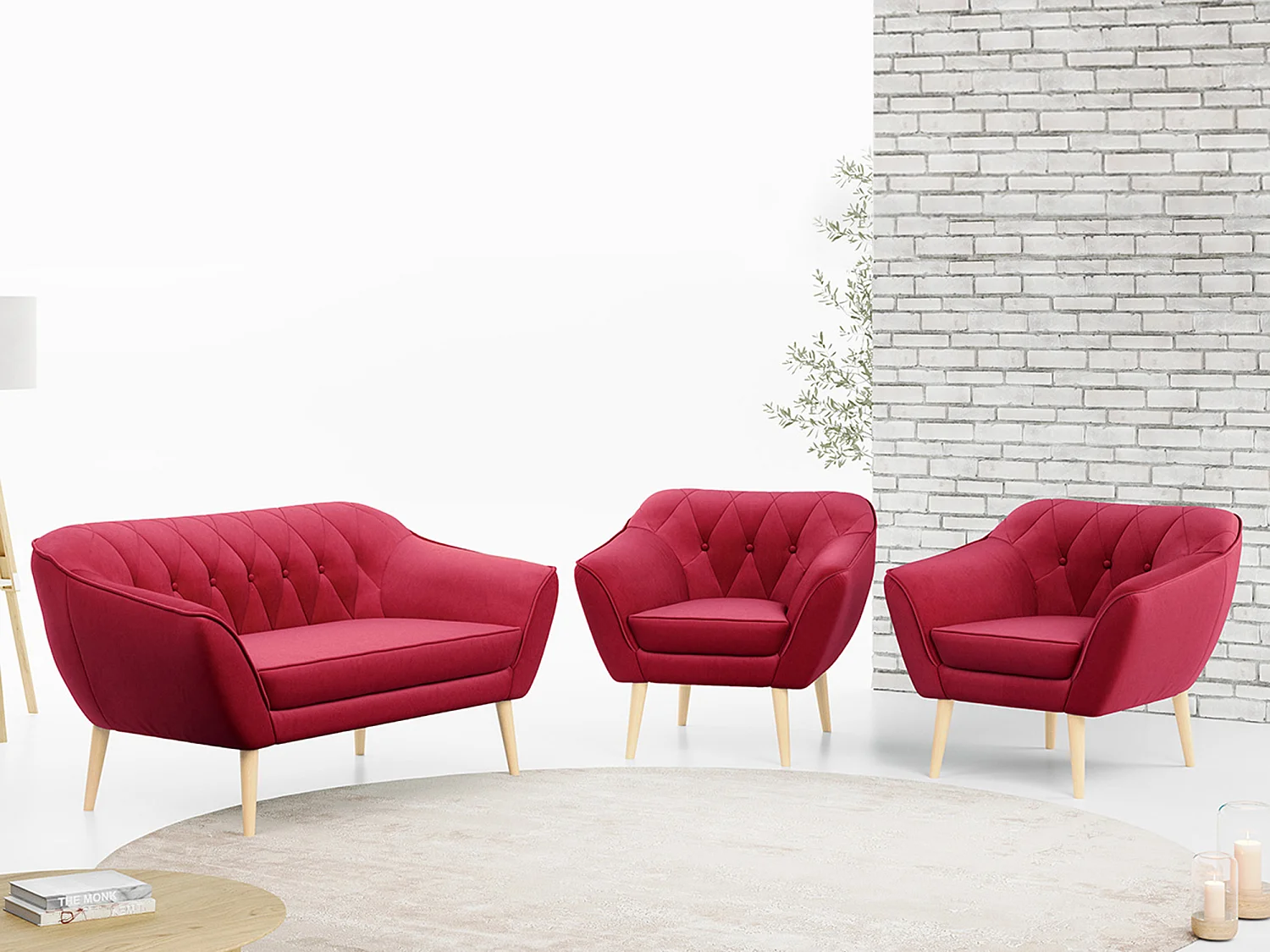 Sofagarnitur PIRS - 2+1+1, Sofa mit Sesseln, Skandinavischer Design, Armlehnen - Rot Velvet