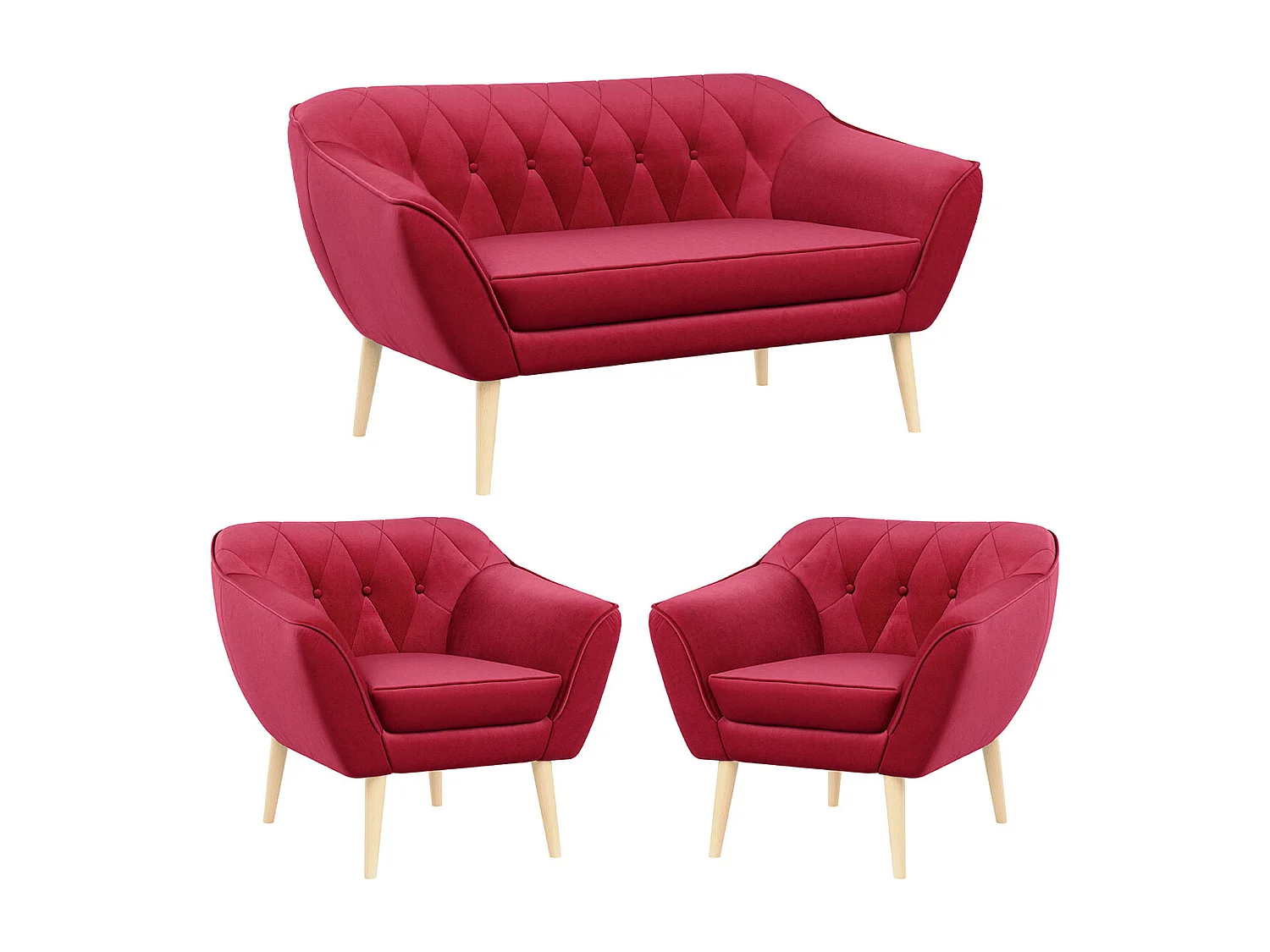Sofagarnitur PIRS - 2+1+1, Sofa mit Sesseln, Skandinavischer Design, Armlehnen - Rot Velvet