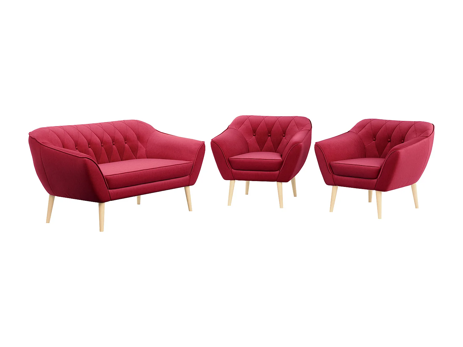 Sofagarnitur PIRS - 2+1+1, Sofa mit Sesseln, Skandinavischer Design, Armlehnen - Rot Velvet