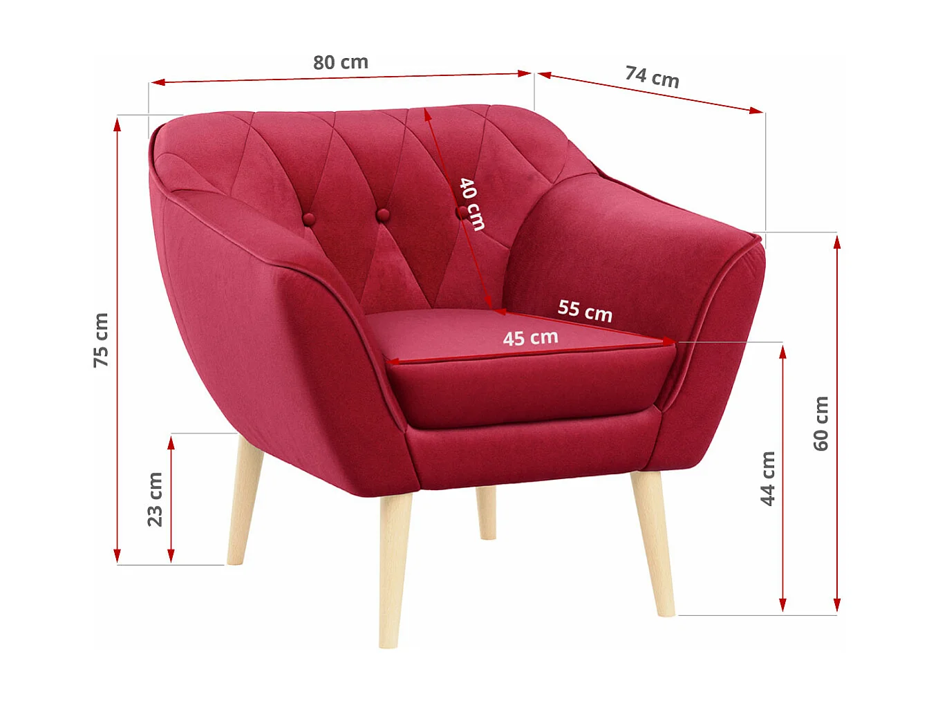 Sofagarnitur PIRS - 2+1+1, Sofa mit Sesseln, Skandinavischer Design, Armlehnen - Rot Velvet
