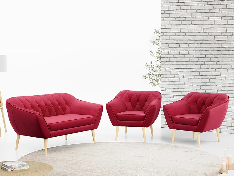 Sofagarnitur PIRS - 2+1+1, Sofa mit Sesseln, Skandinavischer Design, Armlehnen - Rot Velvet