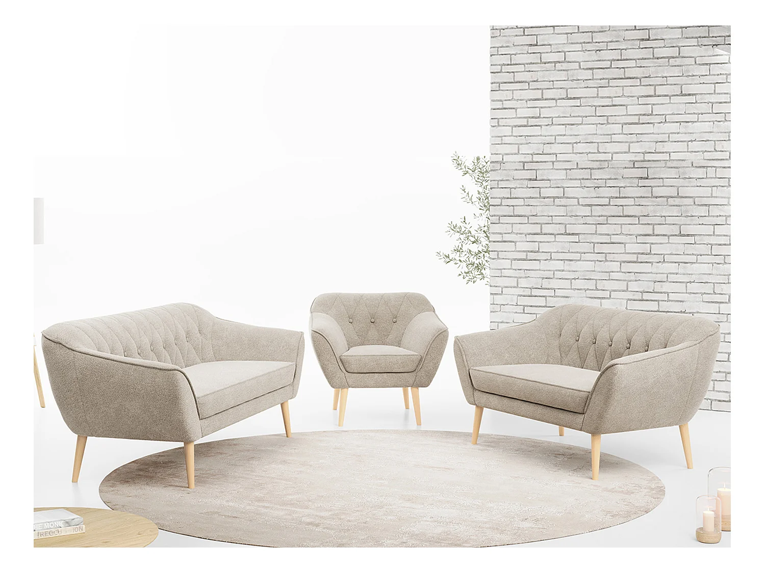 Couchgarnitur PIRS - 3+2+1, mit Armlehnen, Holzbeine, Skandinavischer Design - Beige Stukture