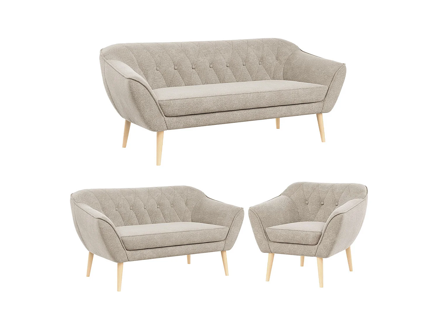 Couchgarnitur PIRS - 3+2+1, mit Armlehnen, Holzbeine, Skandinavischer Design - Beige Stukture