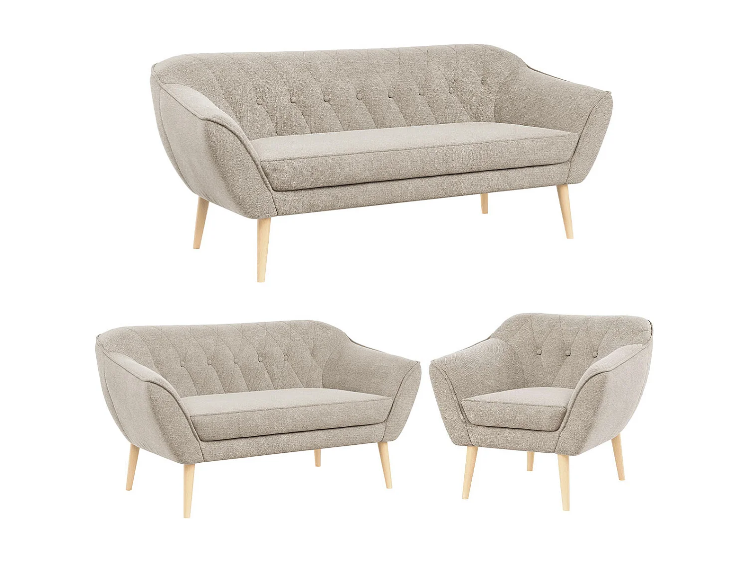Couchgarnitur PIRS - 3+2+1, mit Armlehnen, Holzbeine, Skandinavischer Design - Beige Stukture