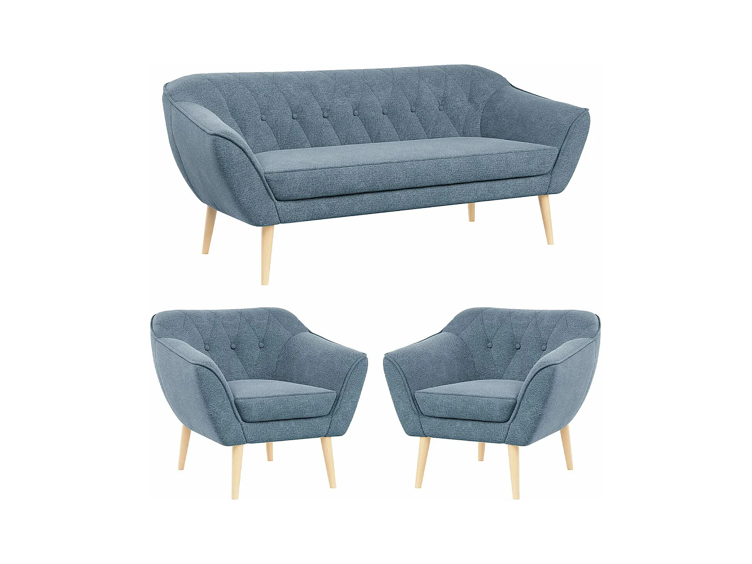 Couchgarnitur PIRS - 3+1+1, Armlehnen,Skandinavischer Design, 3-Sitzer Sofa mi Sesseln - Blau Stukture